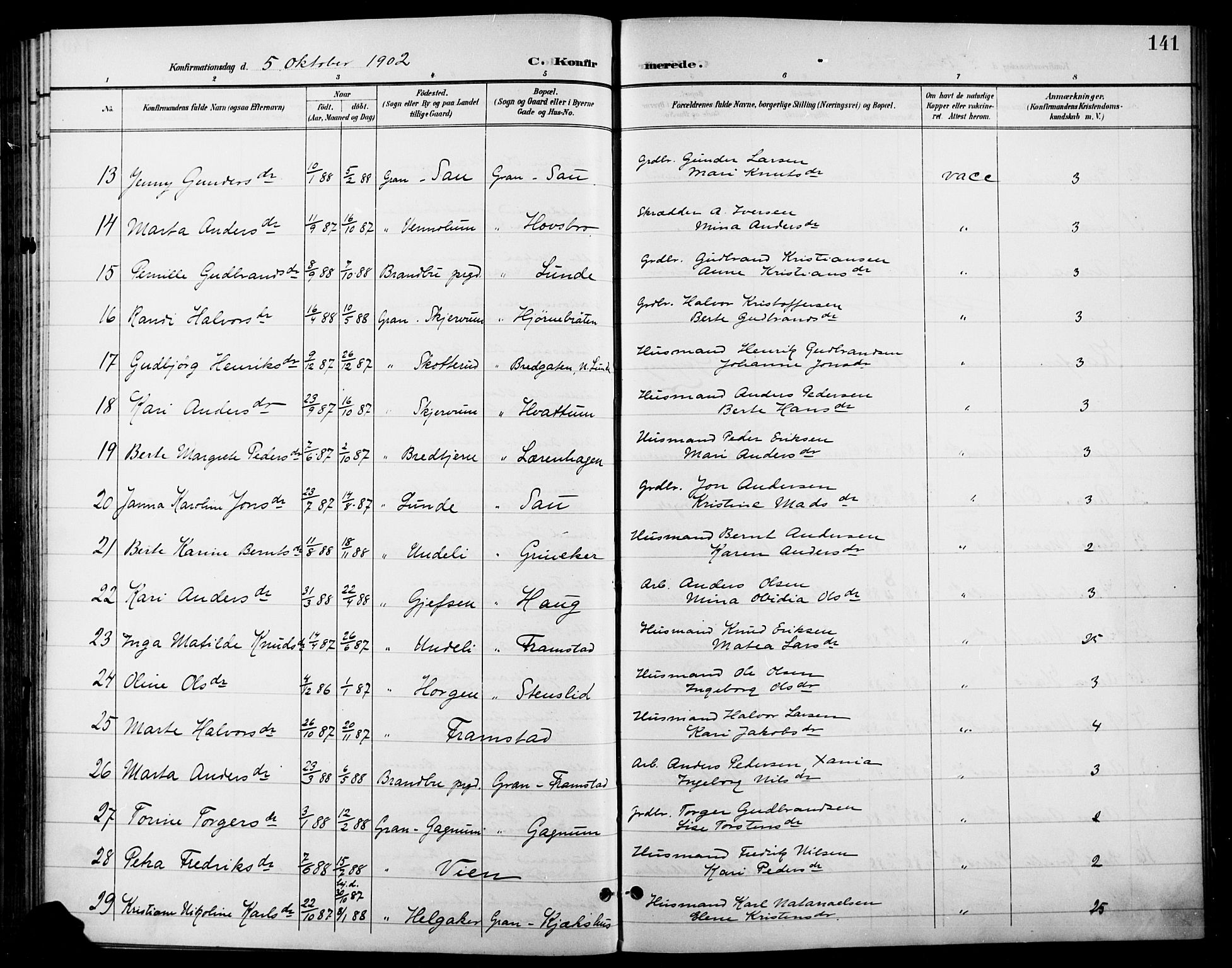 Gran prestekontor, AV/SAH-PREST-112/H/Ha/Haa/L0019: Parish register (official) no. 19, 1898-1907, p. 141