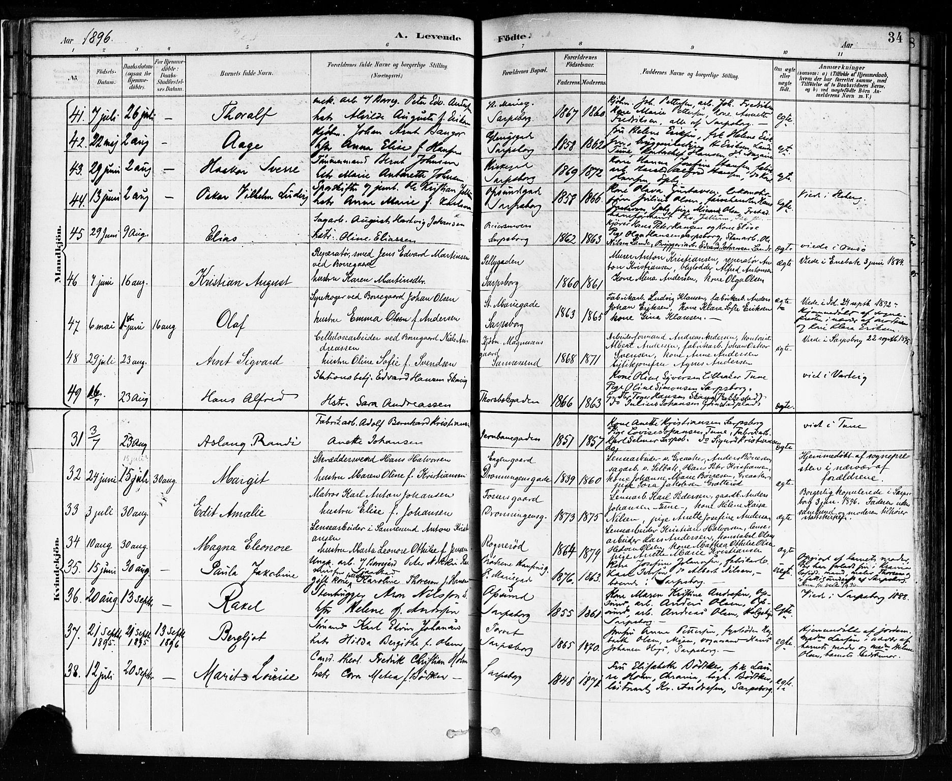 Sarpsborg prestekontor Kirkebøker, AV/SAO-A-2006/F/Fa/L0004: Parish register (official) no. 4, 1892-1899, p. 34