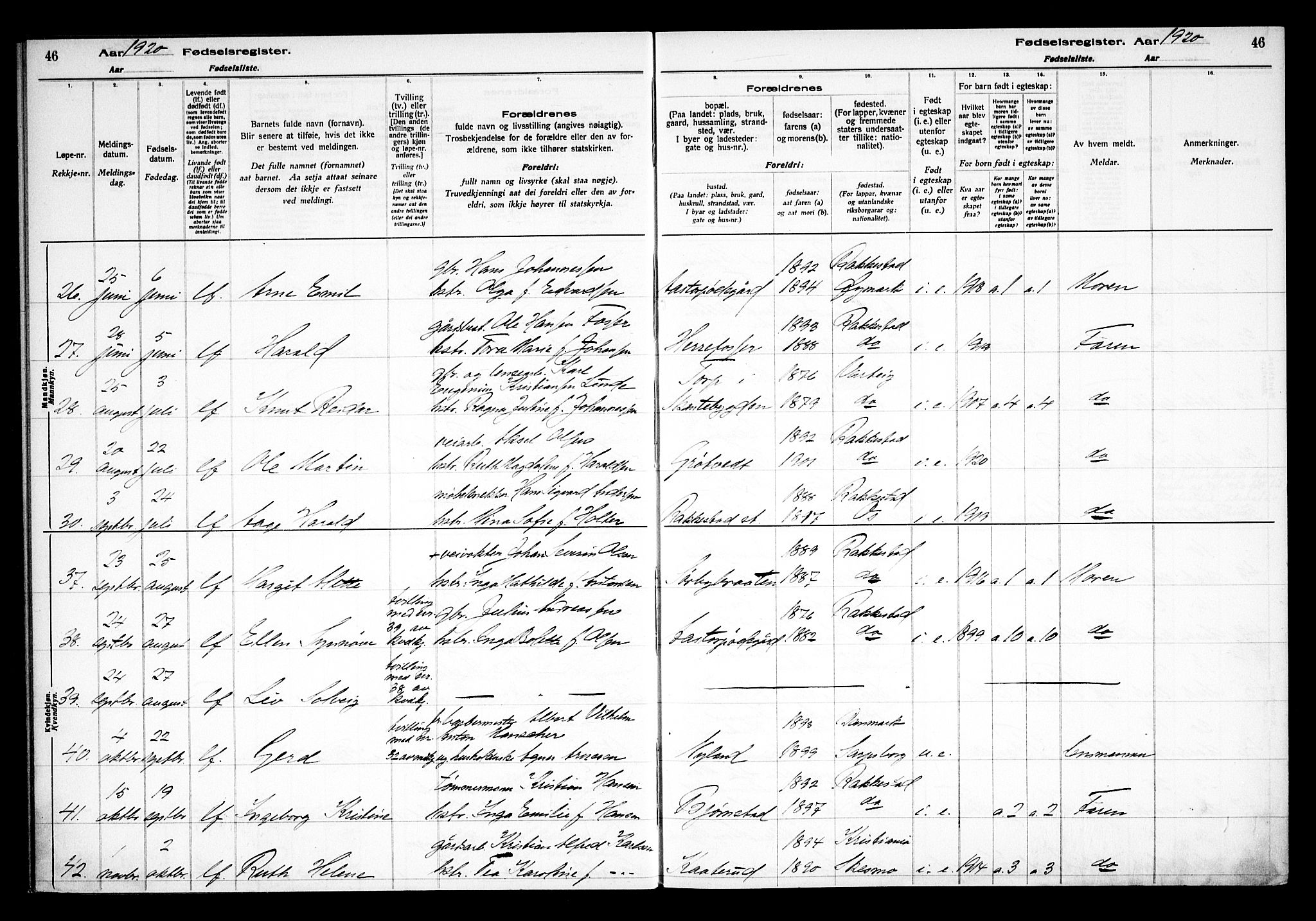 Rakkestad prestekontor Kirkebøker, AV/SAO-A-2008/J/Ja/L0001: Birth register no. I 1, 1916-1936, p. 46