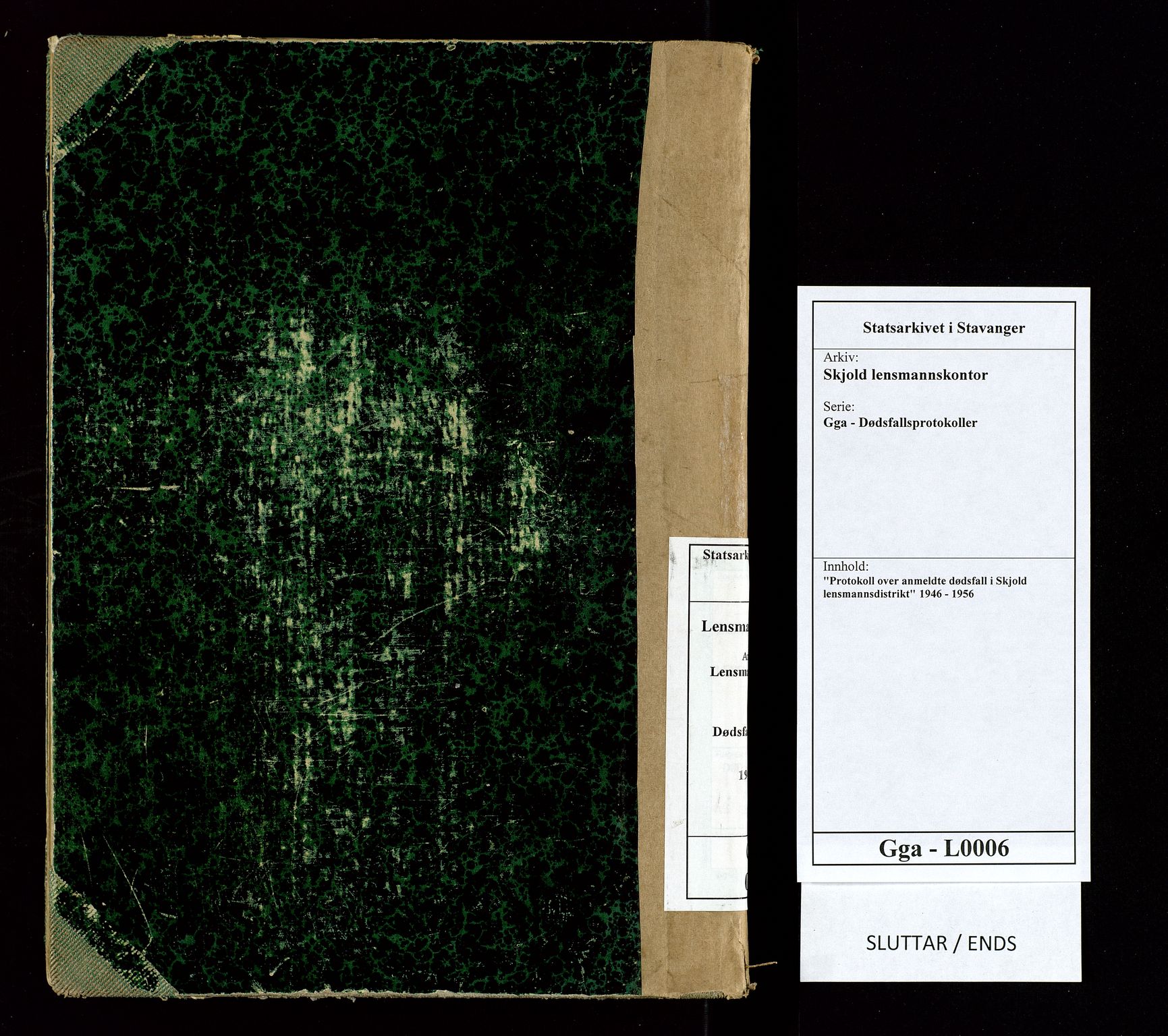 Skjold lensmannskontor, SAST/A-100182/Gga/L0006: "Protokoll over anmeldte dødsfall i Skjold lensmannsdistrikt", 1946-1956