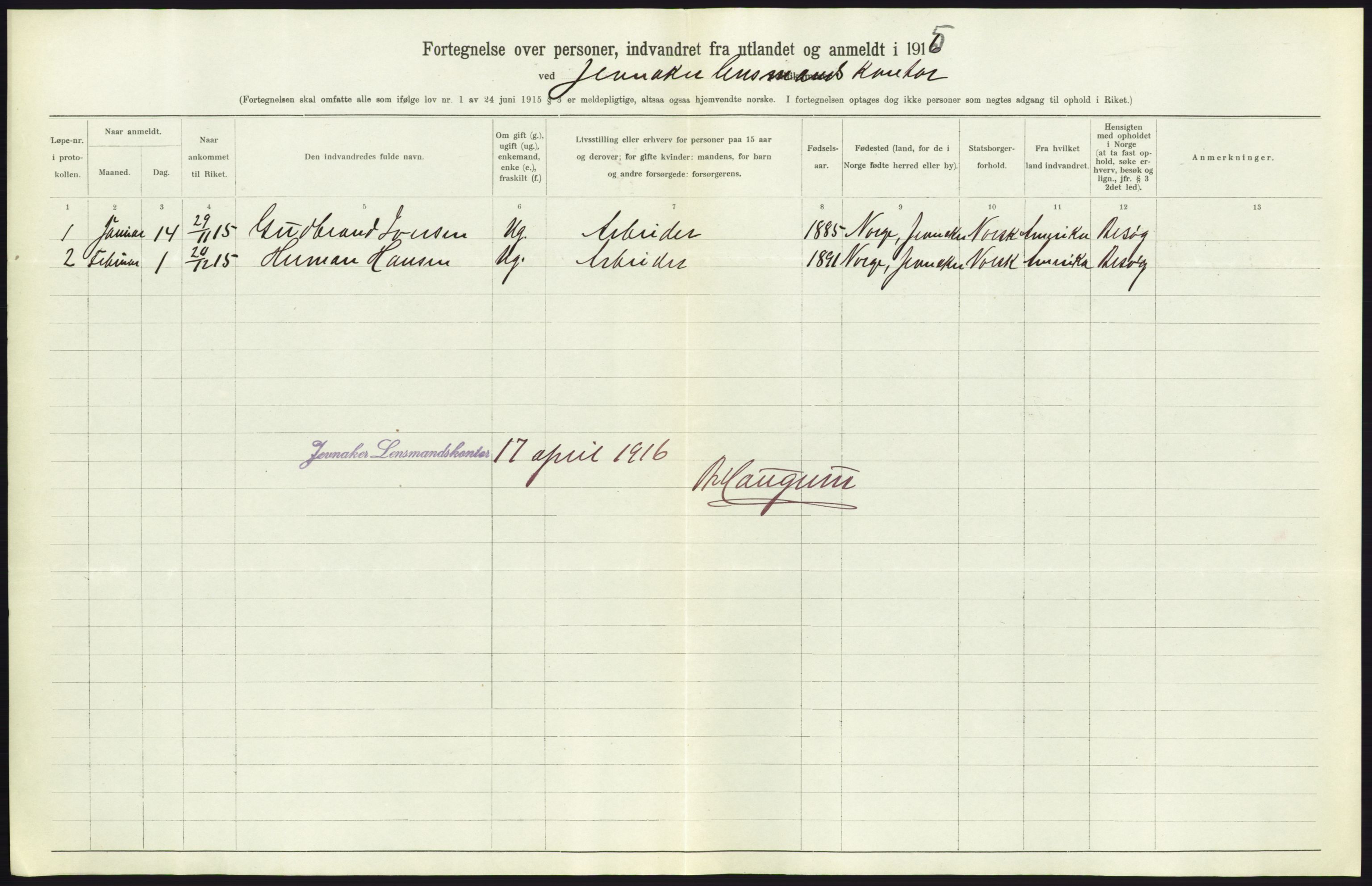 Statistisk sentralbyrå, Sosioøkonomiske emner, Folketellinger, boliger og boforhold, AV/RA-S-2231/F/Fa/L0001: Innvandring. Navn/fylkesvis, 1915, p. 308