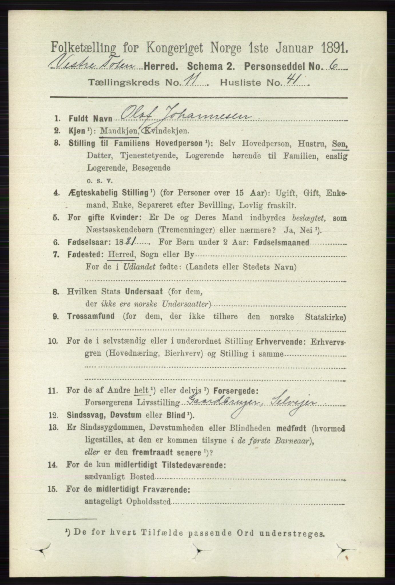 RA, 1891 census for 0529 Vestre Toten, 1891, p. 6923