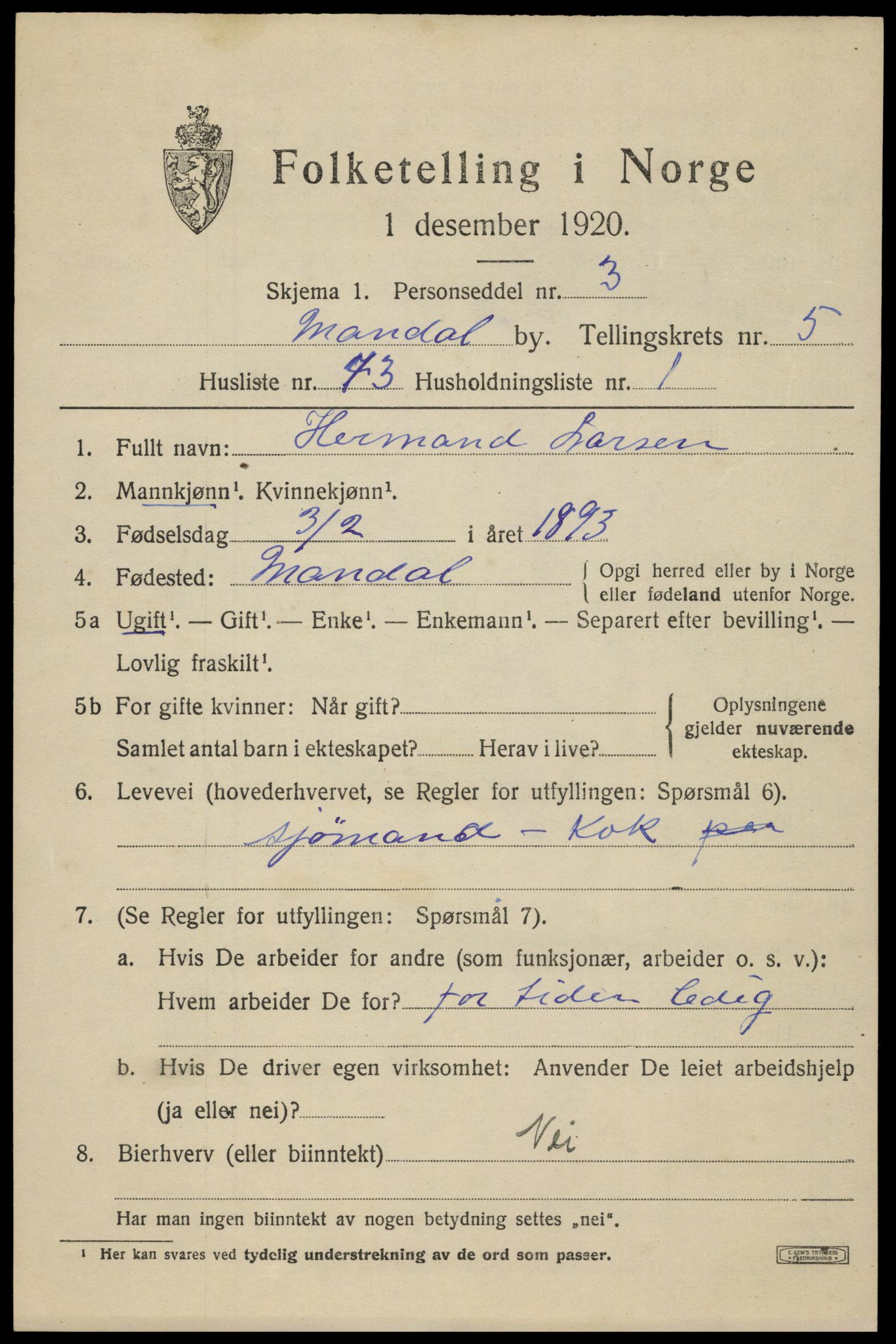 SAK, 1920 census for Mandal, 1920, p. 8577