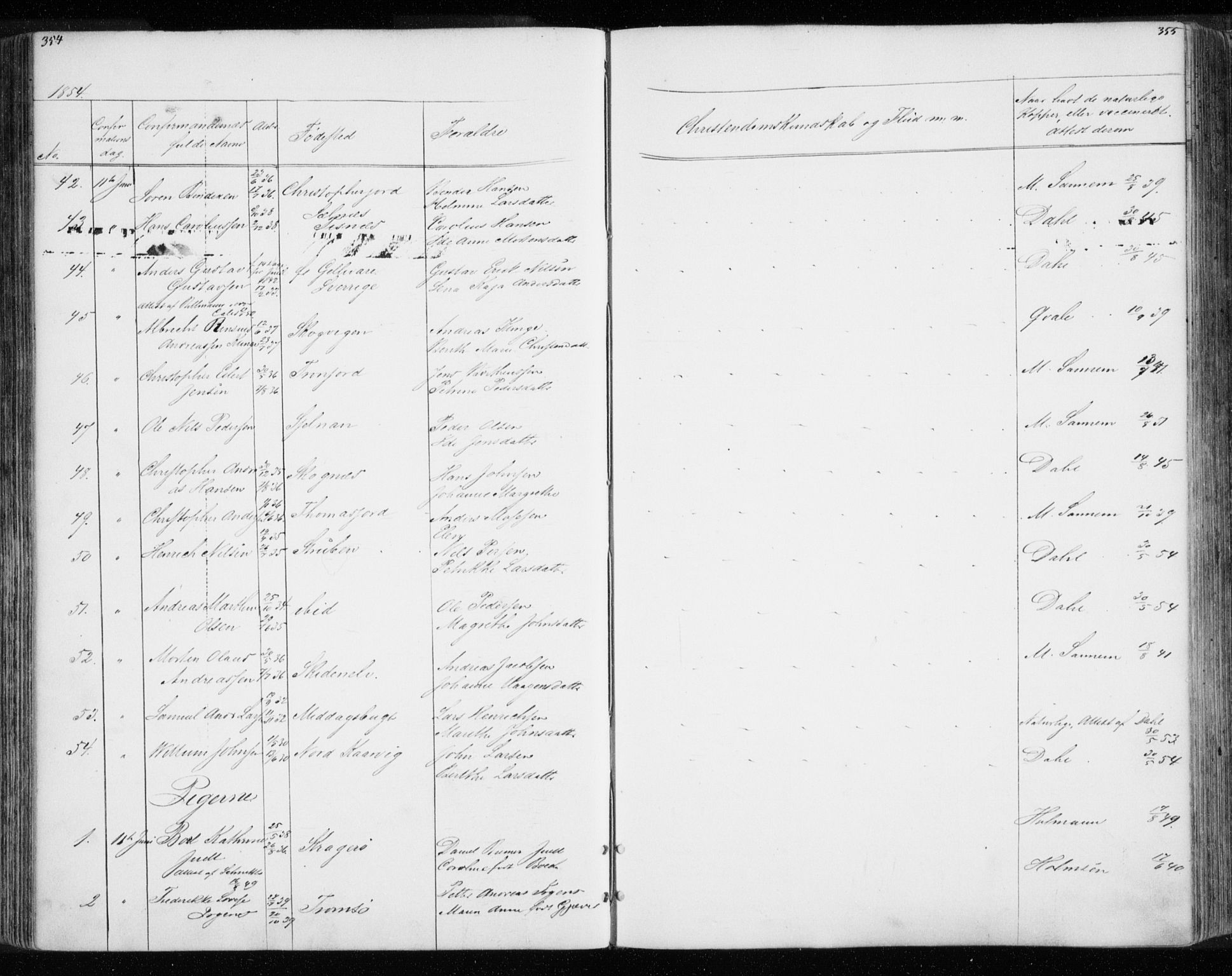 Tromsø sokneprestkontor/stiftsprosti/domprosti, AV/SATØ-S-1343/G/Gb/L0005klokker: Parish register (copy) no. 5, 1846-1857, p. 354-355