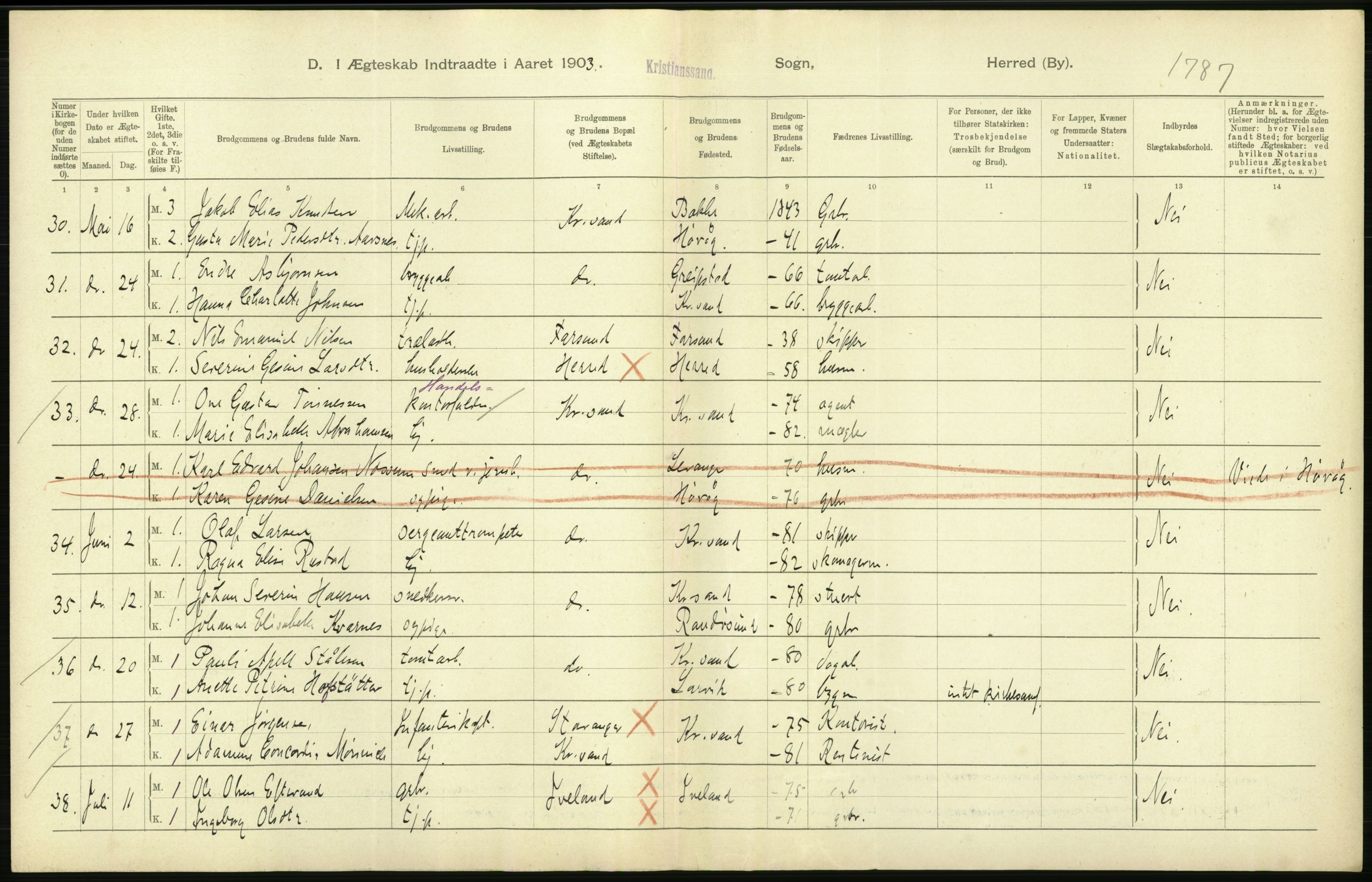 Statistisk sentralbyrå, Sosiodemografiske emner, Befolkning, AV/RA-S-2228/D/Df/Dfa/Dfaa/L0011: Lister og Mandal amt: Fødte, gifte, døde, 1903, p. 352