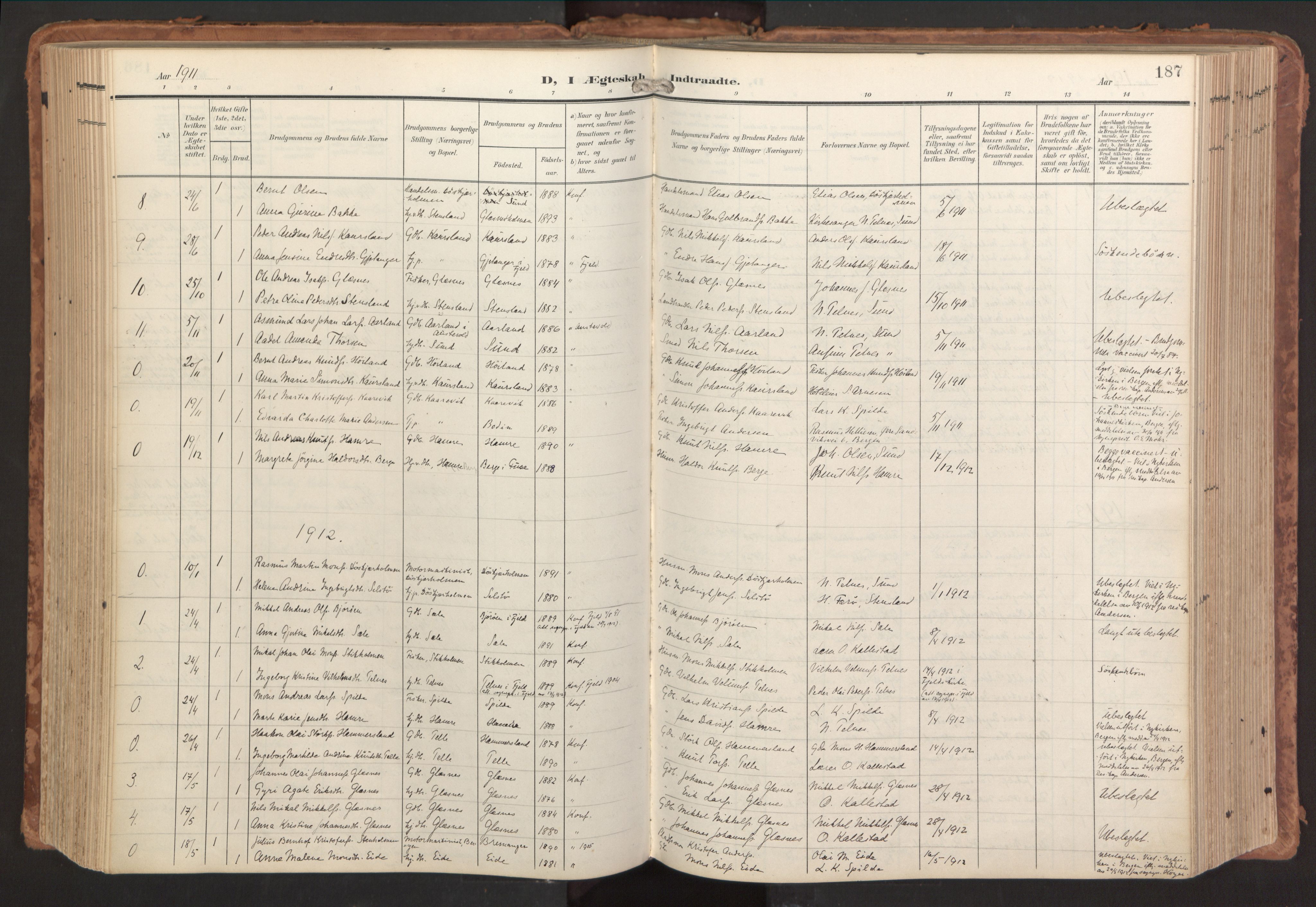 Sund sokneprestembete, SAB/A-99930: Parish register (official) no. B 2, 1907-1926, p. 187