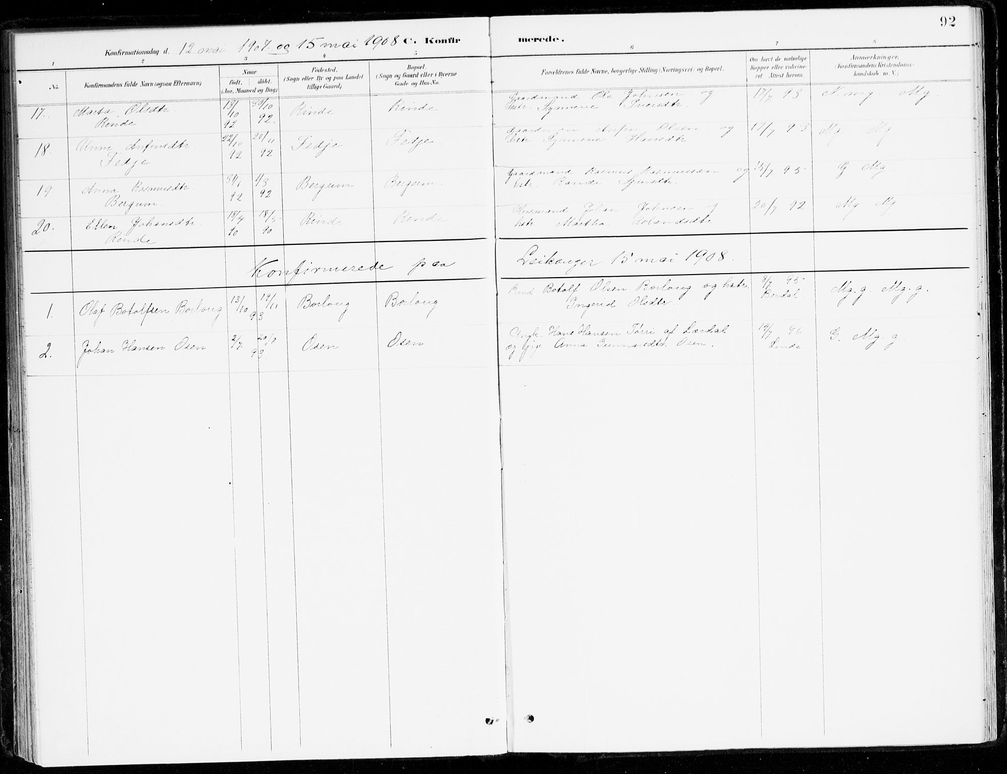Leikanger sokneprestembete, SAB/A-81001: Parish register (official) no. D 1, 1887-1922, p. 92