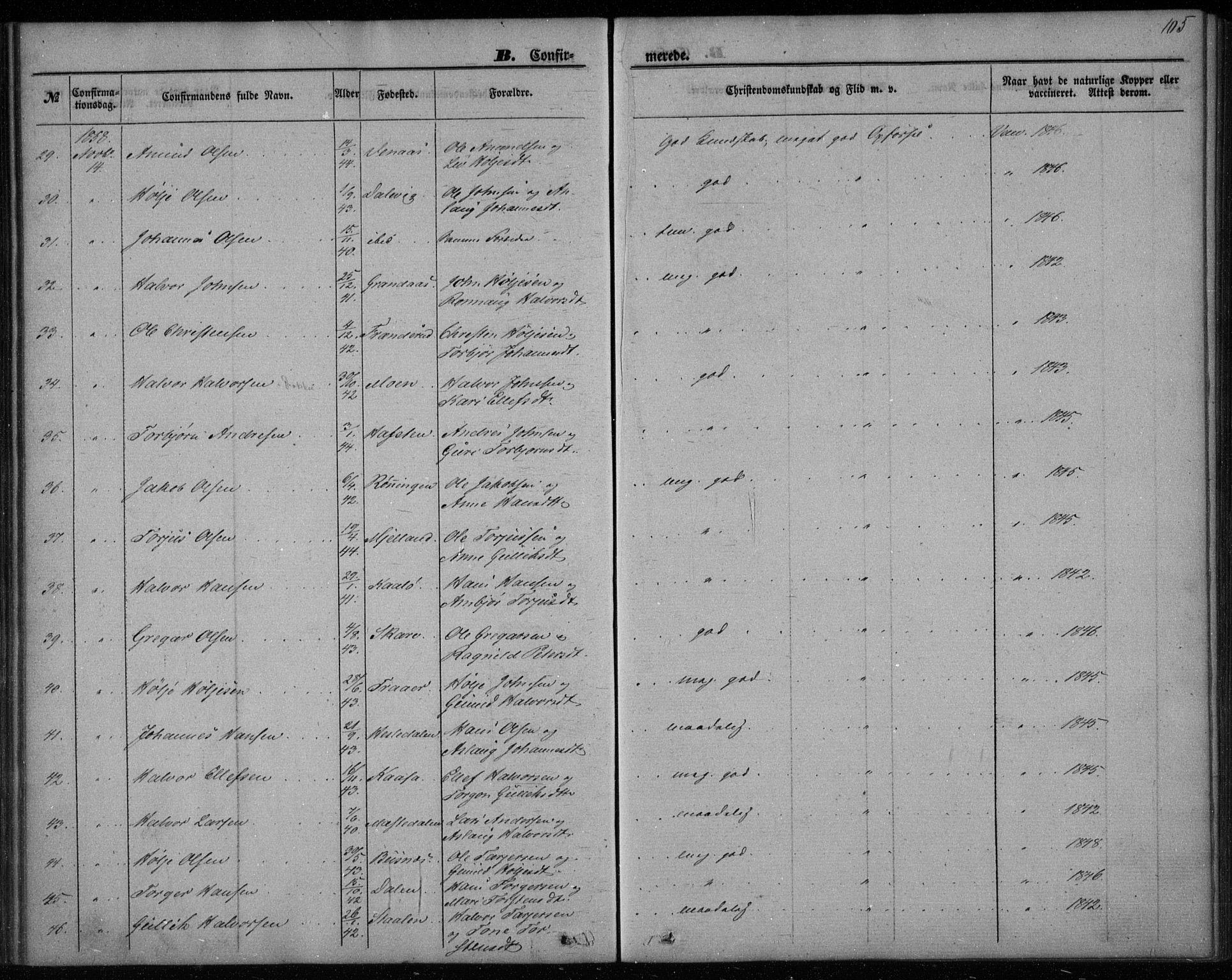 Gransherad kirkebøker, SAKO/A-267/F/Fa/L0002: Parish register (official) no. I 2, 1844-1859, p. 105