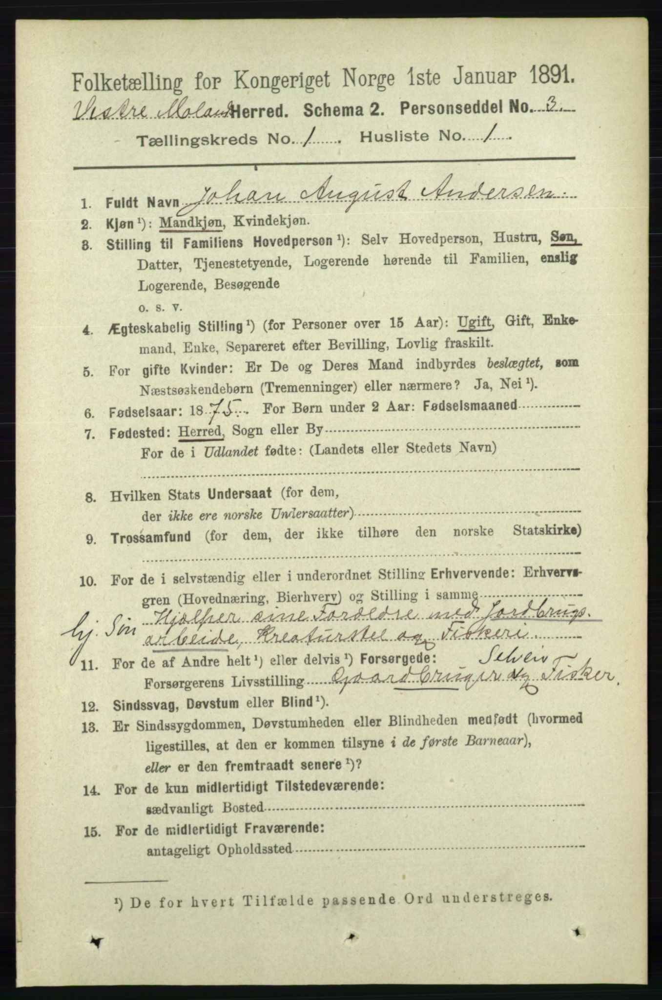 RA, 1891 census for 0926 Vestre Moland, 1891, p. 111