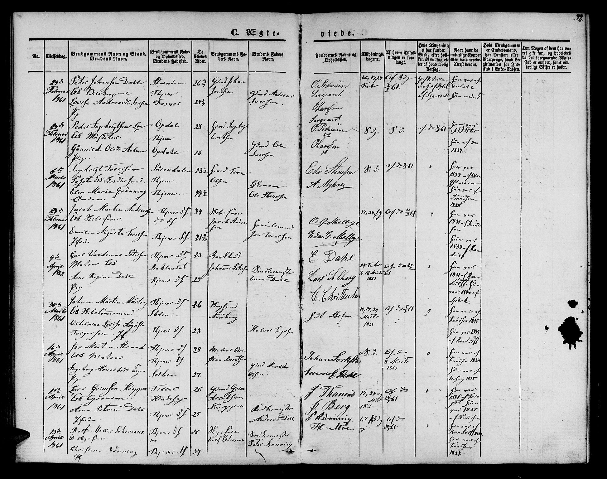 Ministerialprotokoller, klokkerbøker og fødselsregistre - Sør-Trøndelag, SAT/A-1456/602/L0111: Parish register (official) no. 602A09, 1844-1867, p. 92