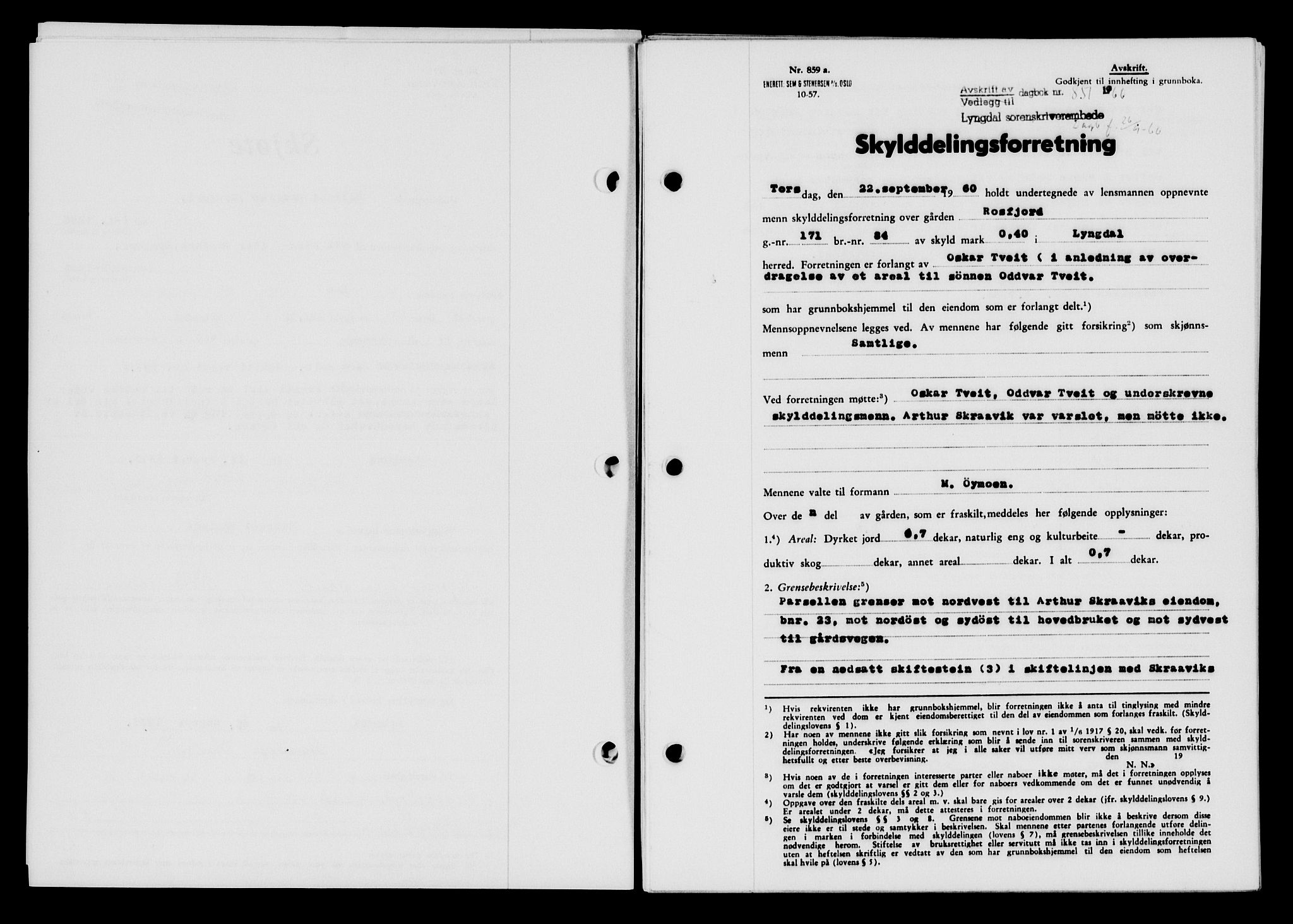 Lyngdal sorenskriveri, AV/SAK-1221-0004/G/Gb/L0680: Mortgage book no. A XXVI, 1960-1960, Diary no: : 851/1960