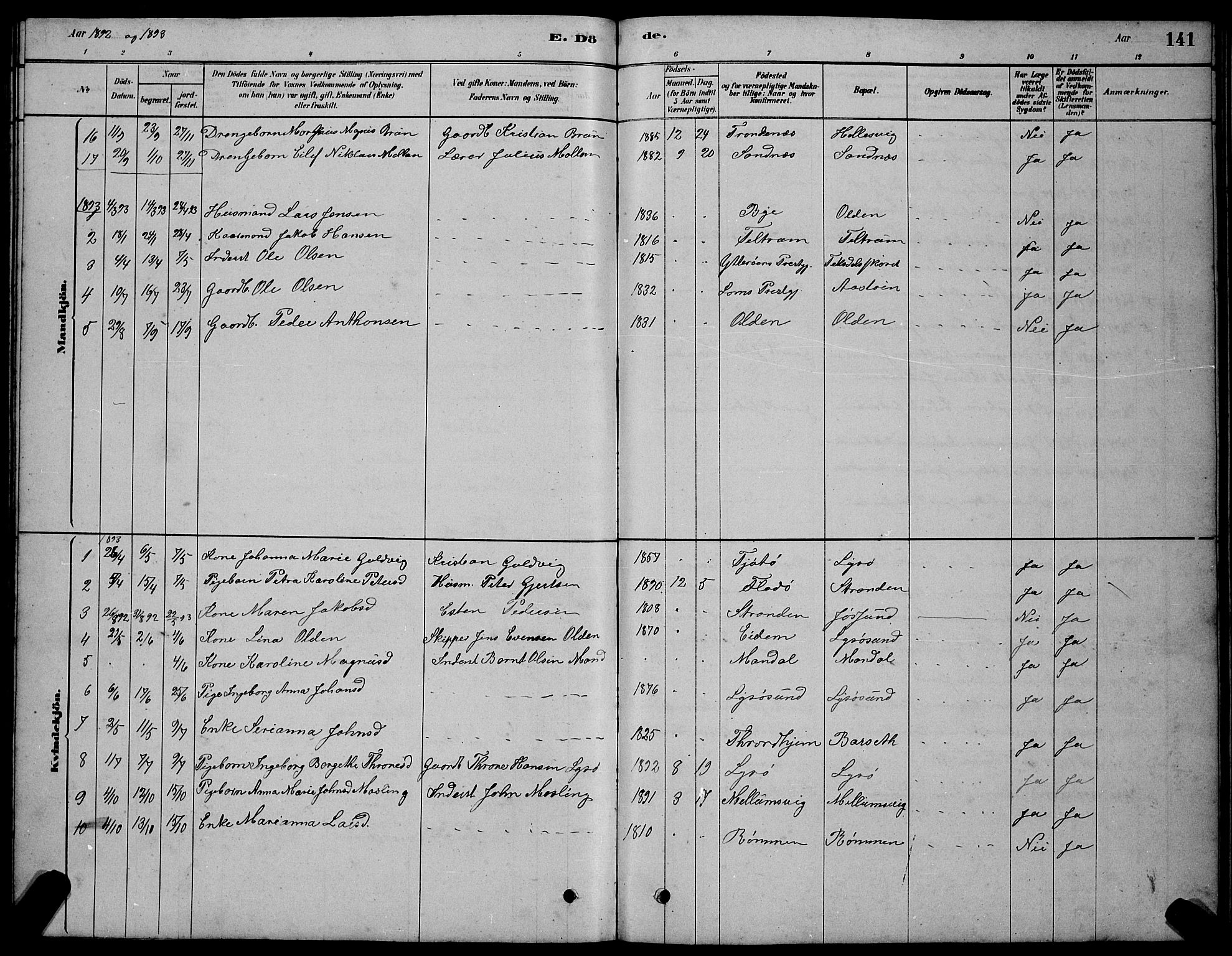 Ministerialprotokoller, klokkerbøker og fødselsregistre - Sør-Trøndelag, AV/SAT-A-1456/654/L0665: Parish register (copy) no. 654C01, 1879-1901, p. 141