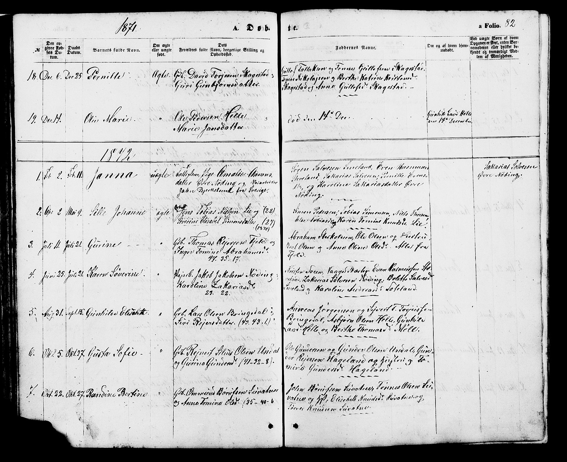 Holum sokneprestkontor, SAK/1111-0022/F/Fb/Fba/L0004: Parish register (copy) no. B 4, 1867-1890, p. 82