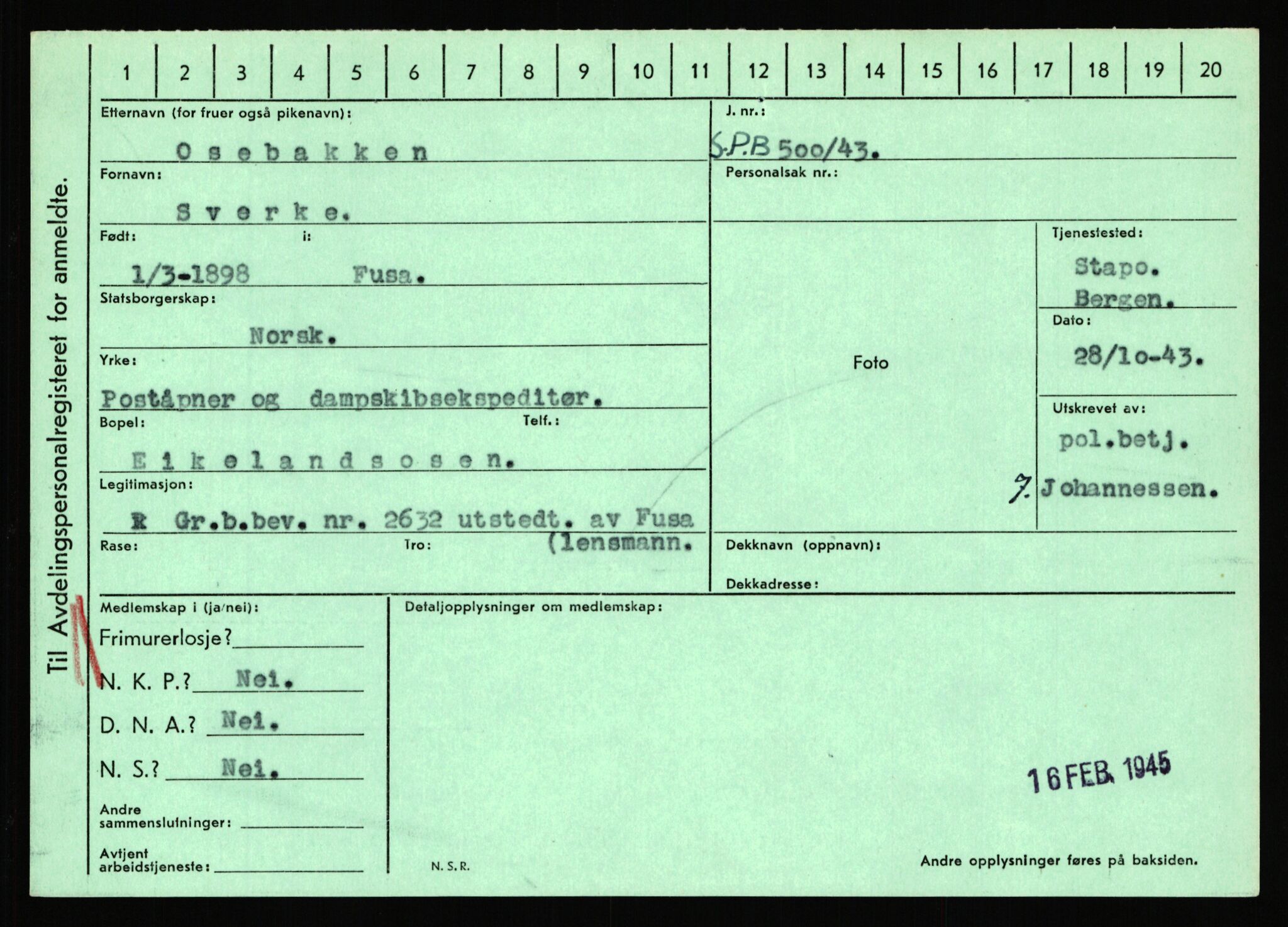 Statspolitiet - Hovedkontoret / Osloavdelingen, AV/RA-S-1329/C/Ca/L0012: Oanæs - Quistgaard	, 1943-1945, p. 2330