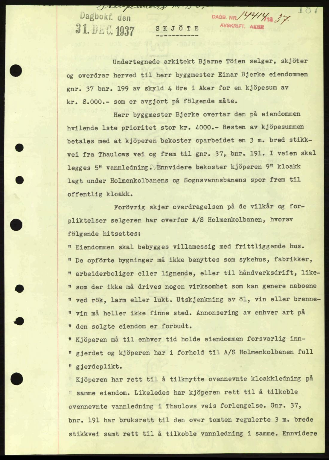 Aker herredsskriveri, AV/SAO-A-10896/G/Gb/Gba/Gbab/L0019: Mortgage book no. A149-150, 1937-1938, Diary no: : 14444/1937