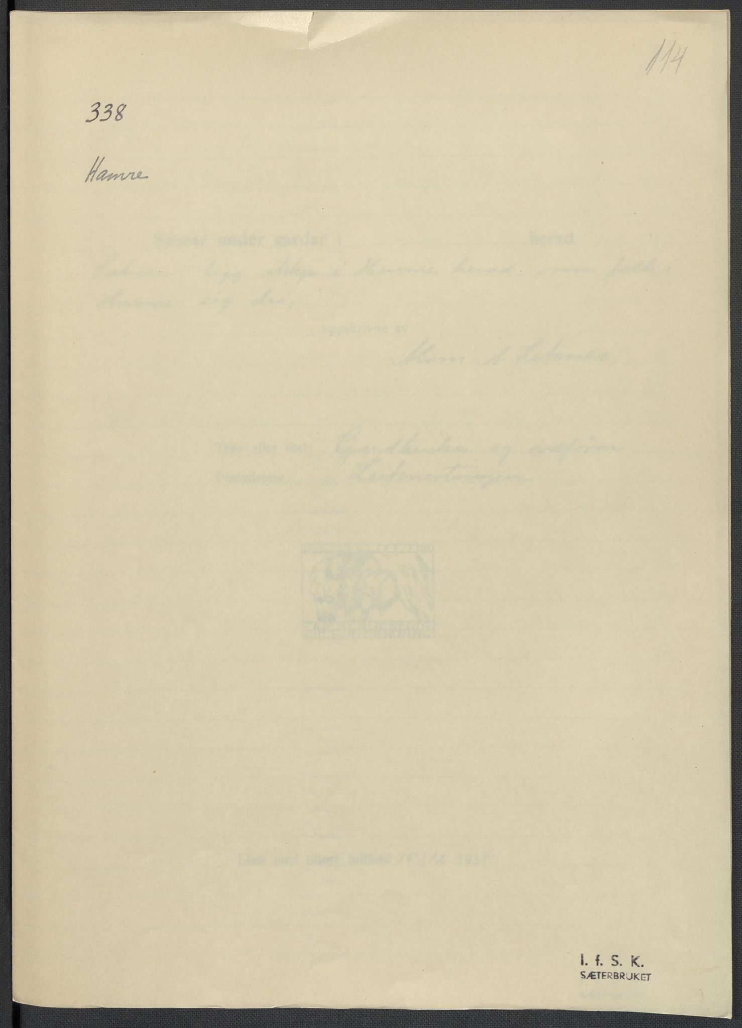 Instituttet for sammenlignende kulturforskning, RA/PA-0424/F/Fc/L0010/0001: Eske B10: / Hordaland (perm XXV), 1932-1939, p. 114