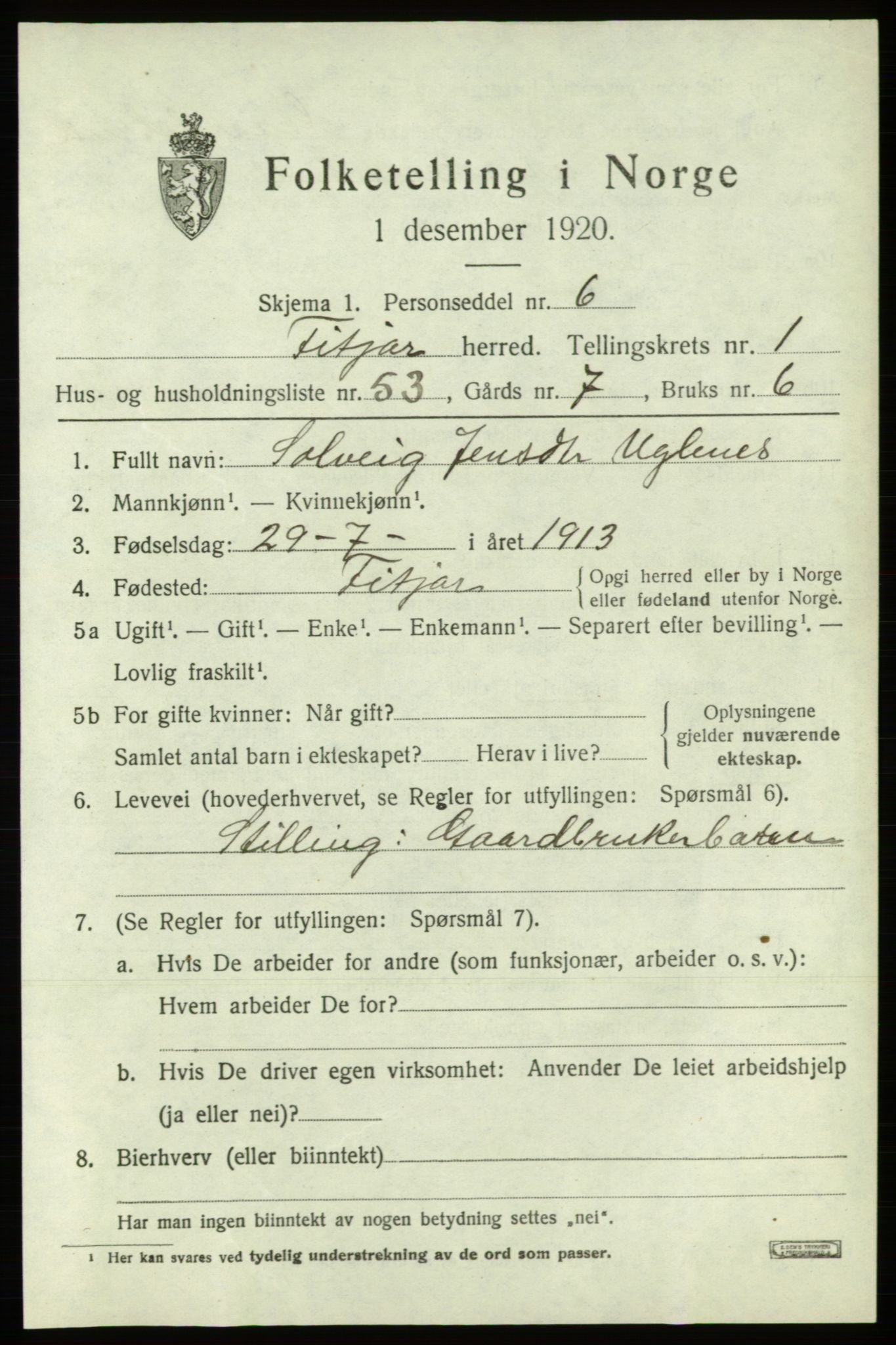 SAB, 1920 census for Fitjar, 1920, p. 1530