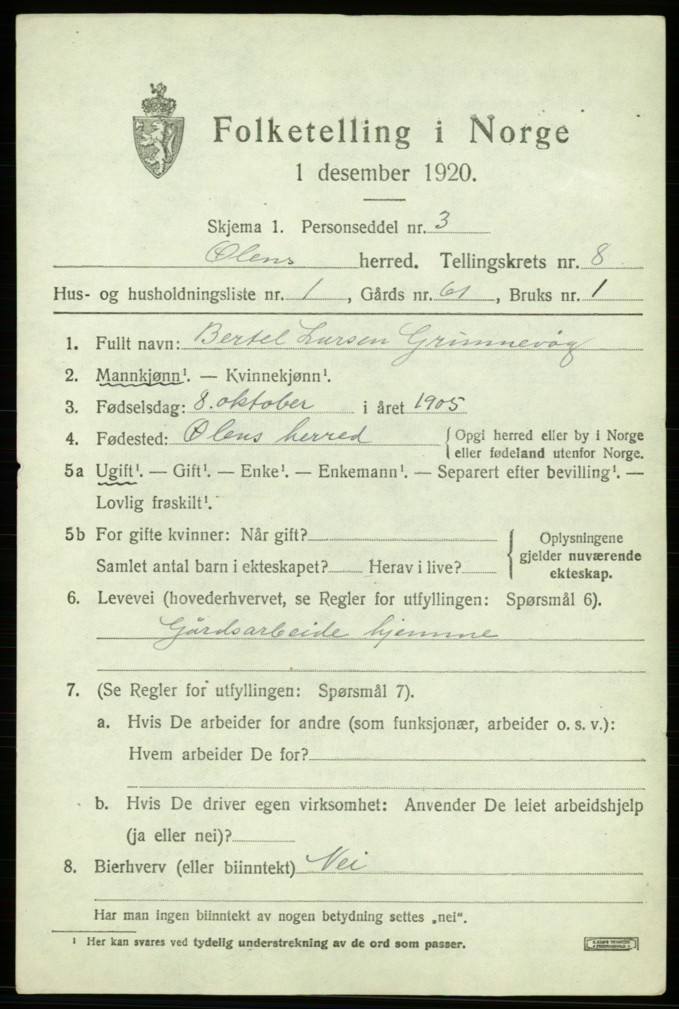 SAB, 1920 census for Ølen, 1920, p. 3399