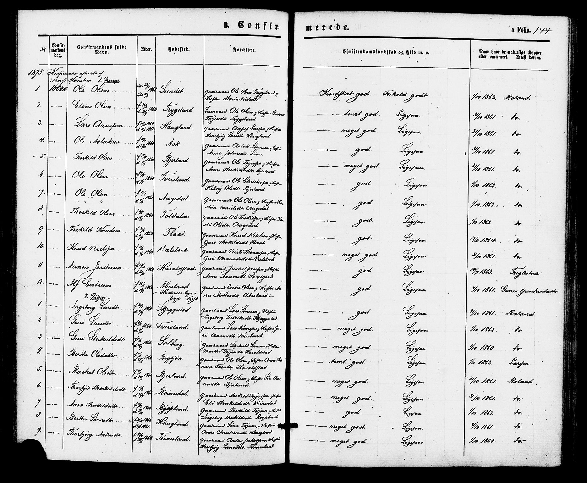 Bjelland sokneprestkontor, SAK/1111-0005/F/Fa/Faa/L0003: Parish register (official) no. A 3, 1867-1887, p. 144
