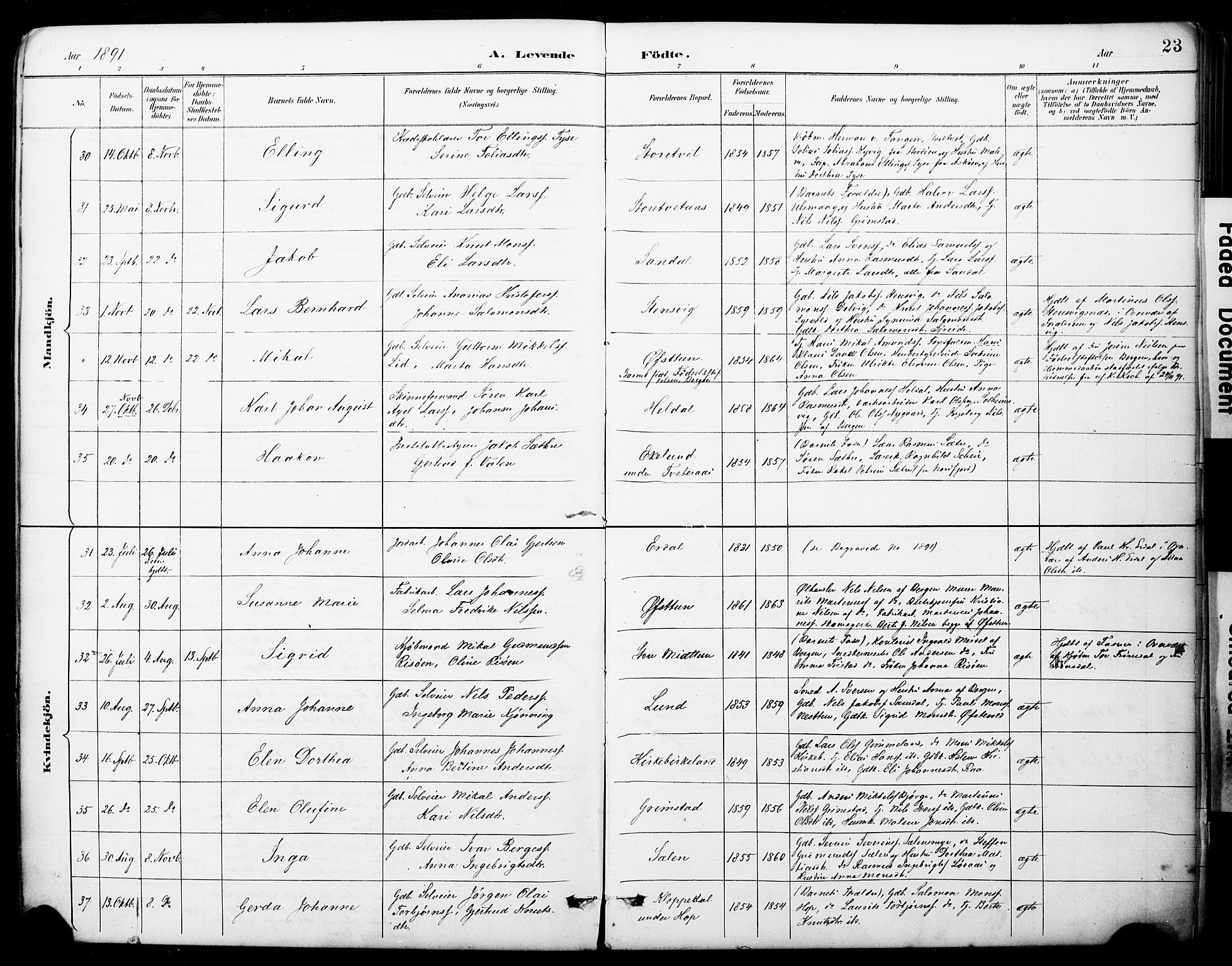 Fana Sokneprestembete, AV/SAB-A-75101/H/Haa/Haai/L0002: Parish register (official) no. I 2, 1888-1899, p. 23