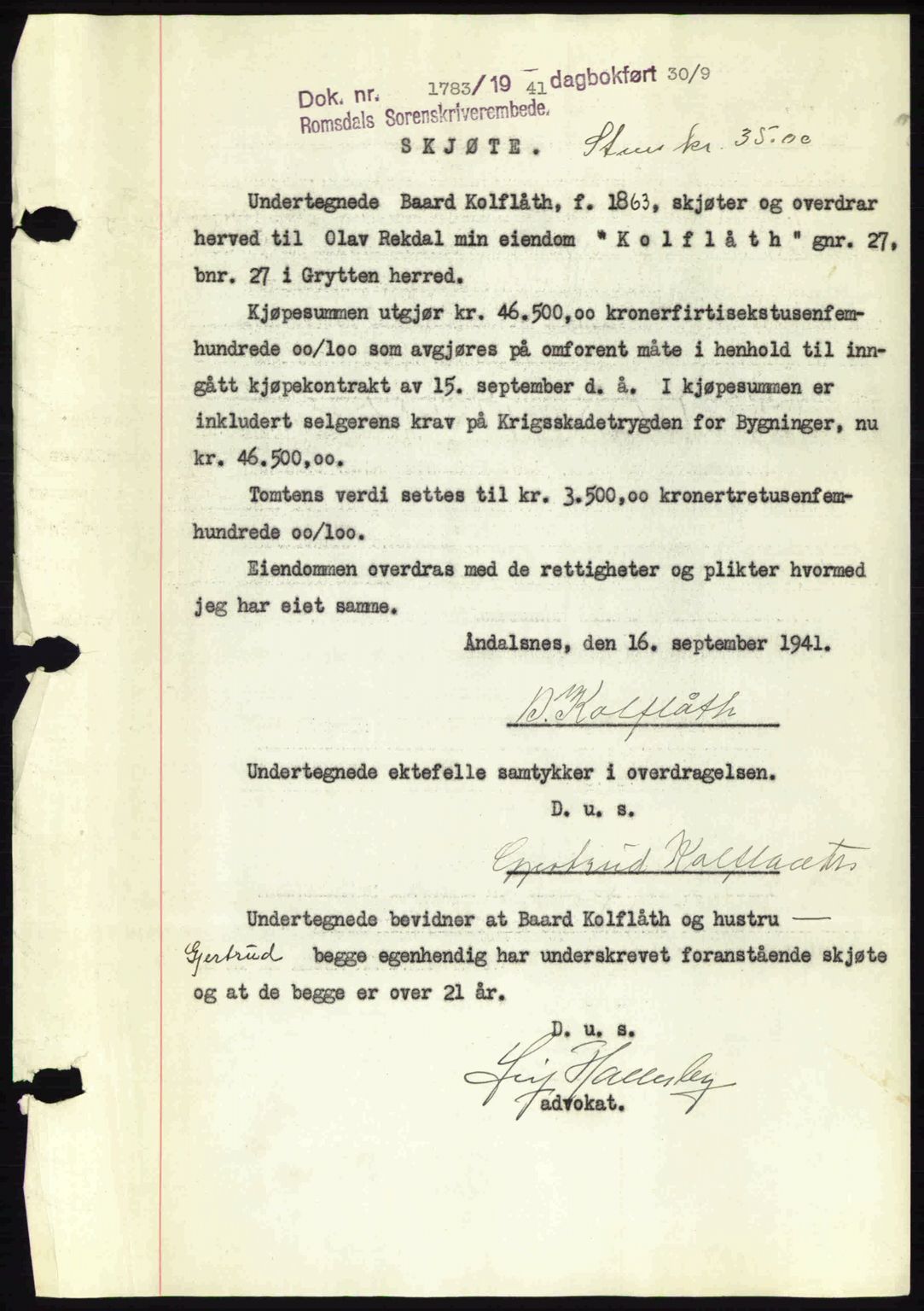 Romsdal sorenskriveri, AV/SAT-A-4149/1/2/2C: Mortgage book no. A10, 1941-1941, Diary no: : 1783/1941