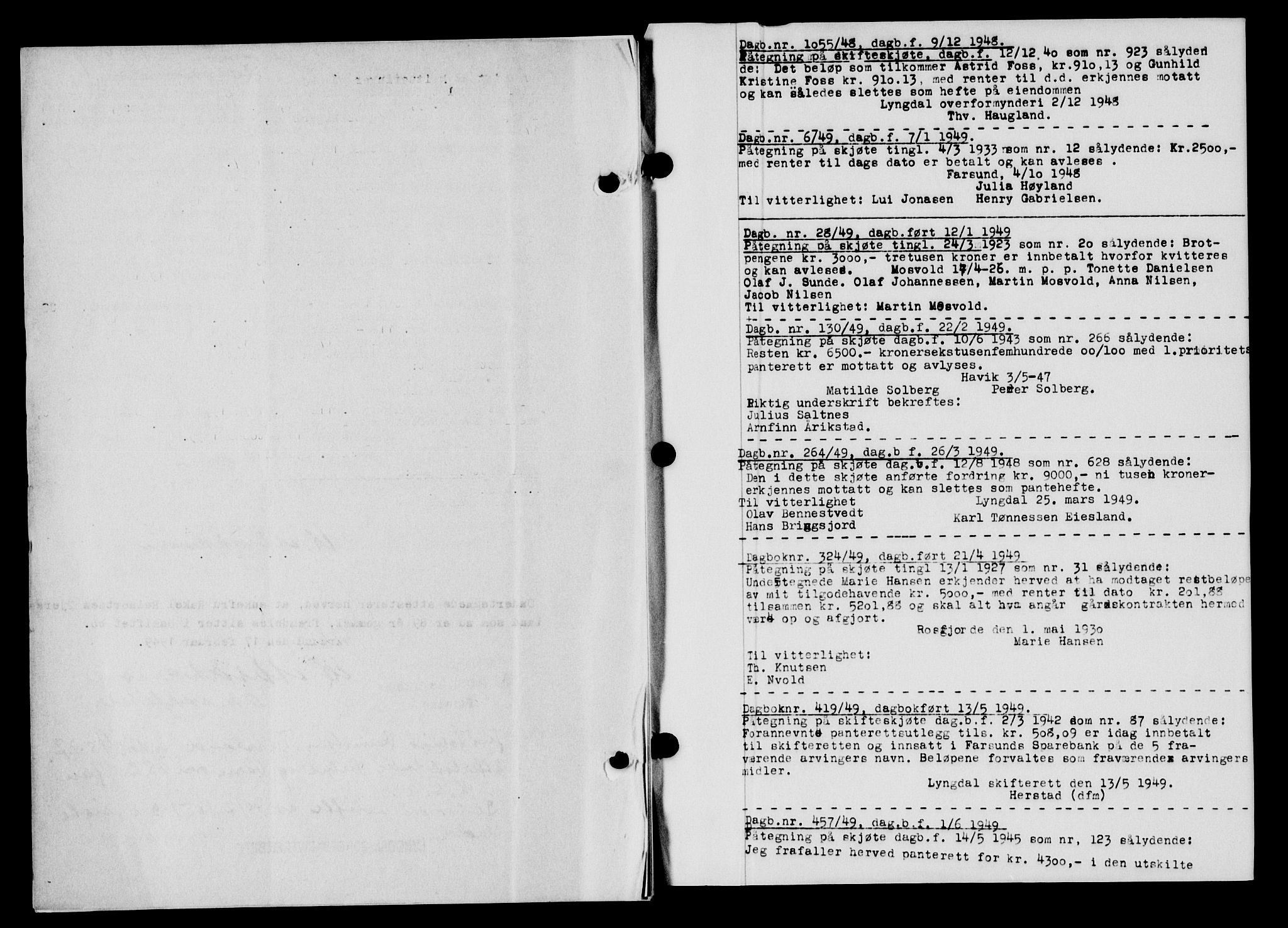 Lyngdal sorenskriveri, AV/SAK-1221-0004/G/Gb/L0663: Mortgage book no. A IX, 1948-1949, Diary no: : 1055/1948