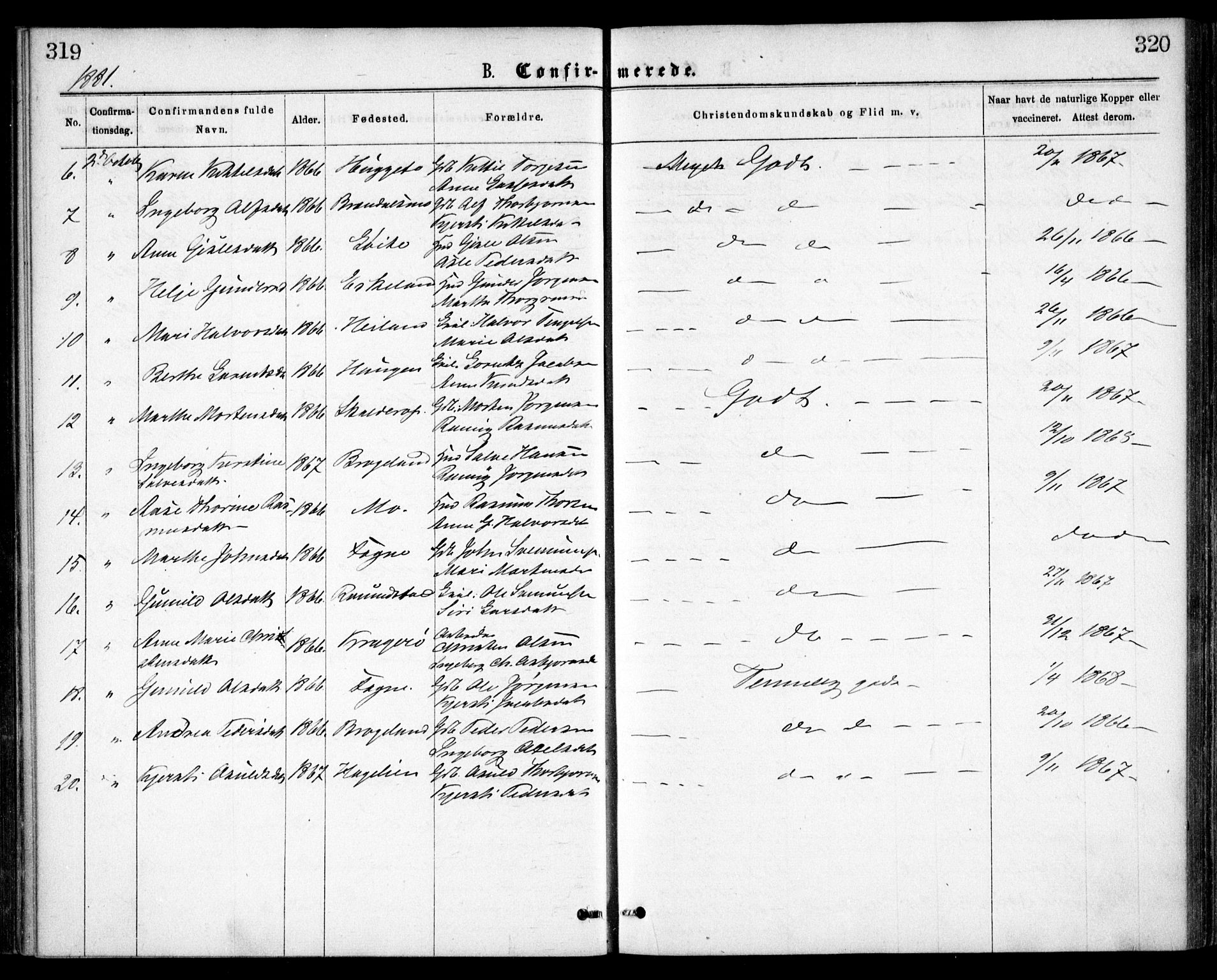 Gjerstad sokneprestkontor, AV/SAK-1111-0014/F/Fa/Faa/L0008: Parish register (official) no. A 8, 1876-1884, p. 319-320