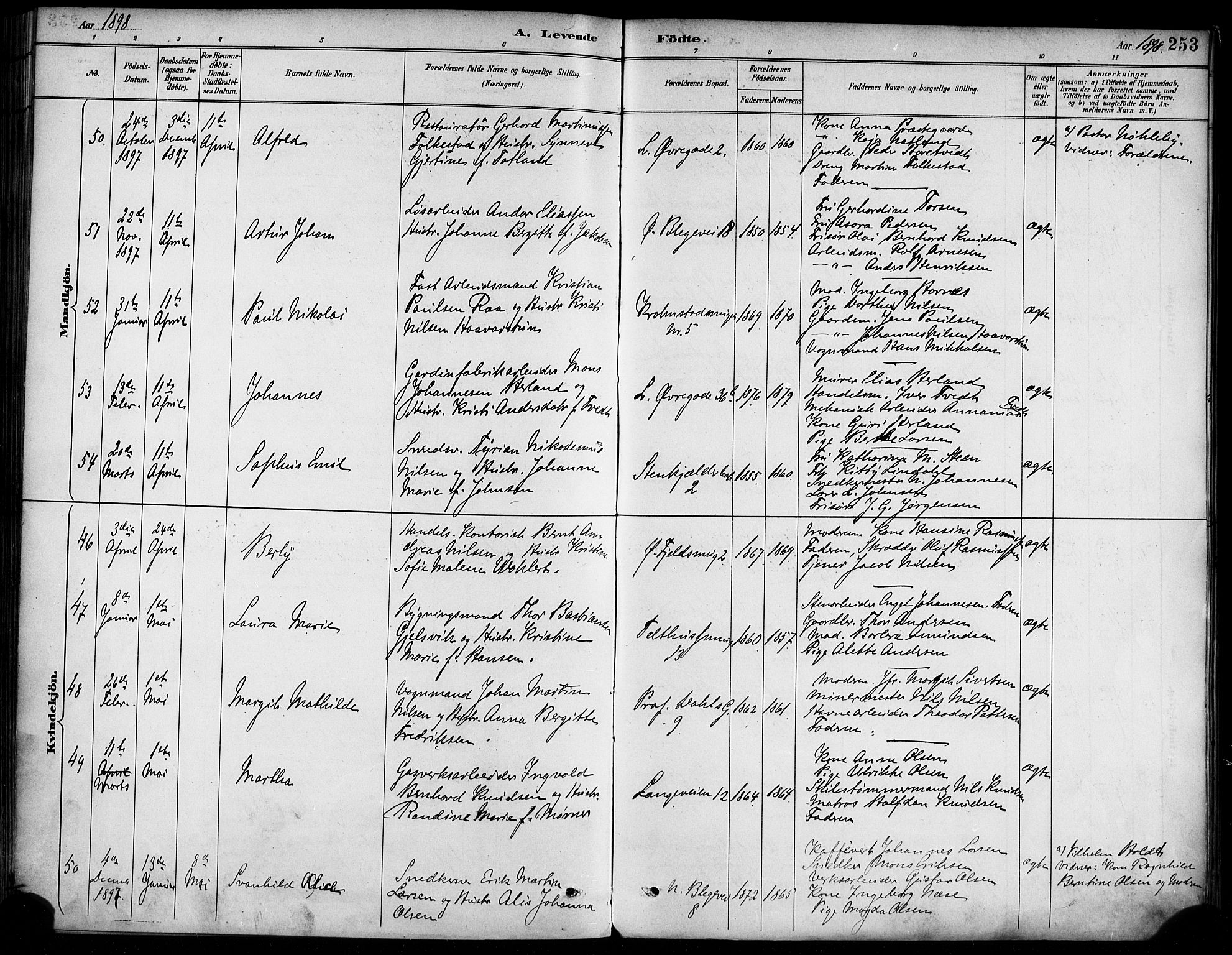 Korskirken sokneprestembete, AV/SAB-A-76101/H/Haa/L0022: Parish register (official) no. B 8, 1889-1899, p. 253