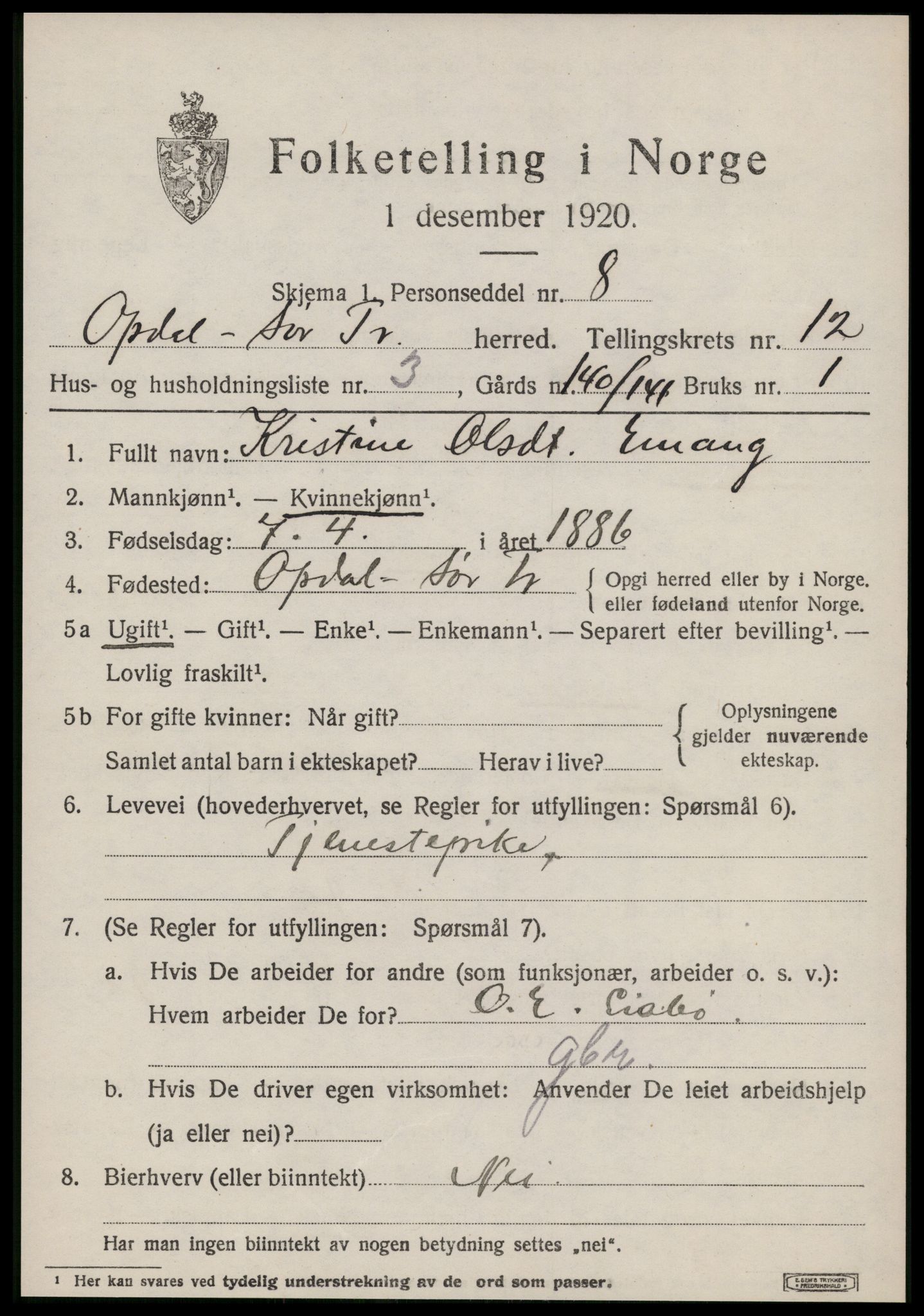 SAT, 1920 census for Oppdal, 1920, p. 10215