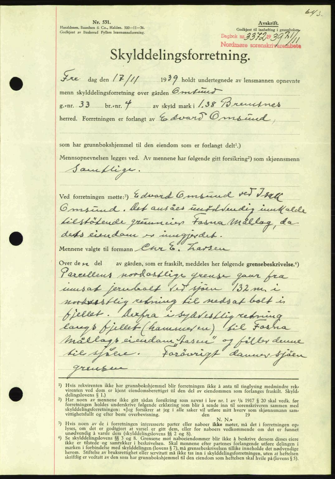 Nordmøre sorenskriveri, AV/SAT-A-4132/1/2/2Ca: Mortgage book no. A87, 1939-1940, Diary no: : 3372/1939