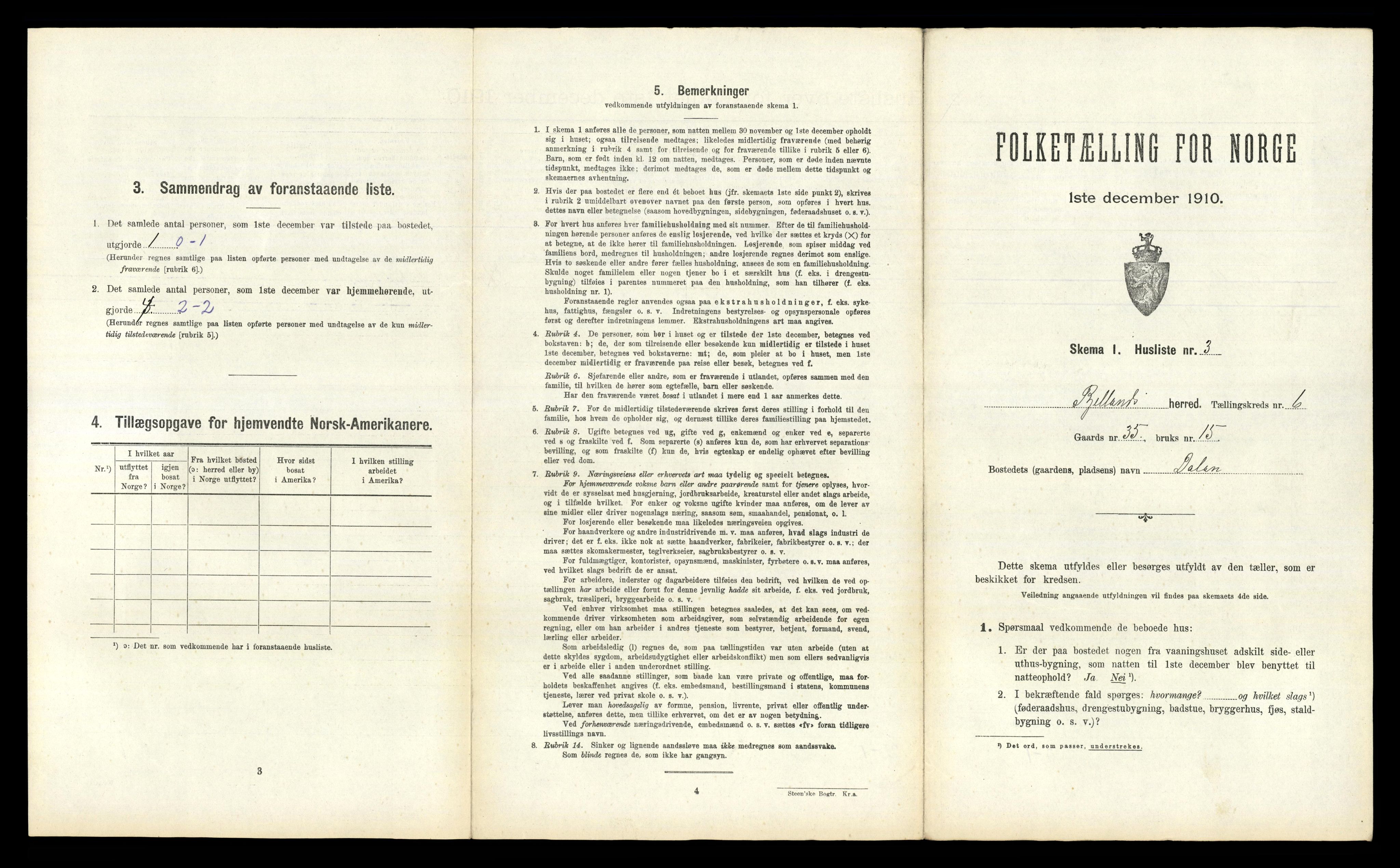 RA, 1910 census for Bjelland, 1910, p. 340