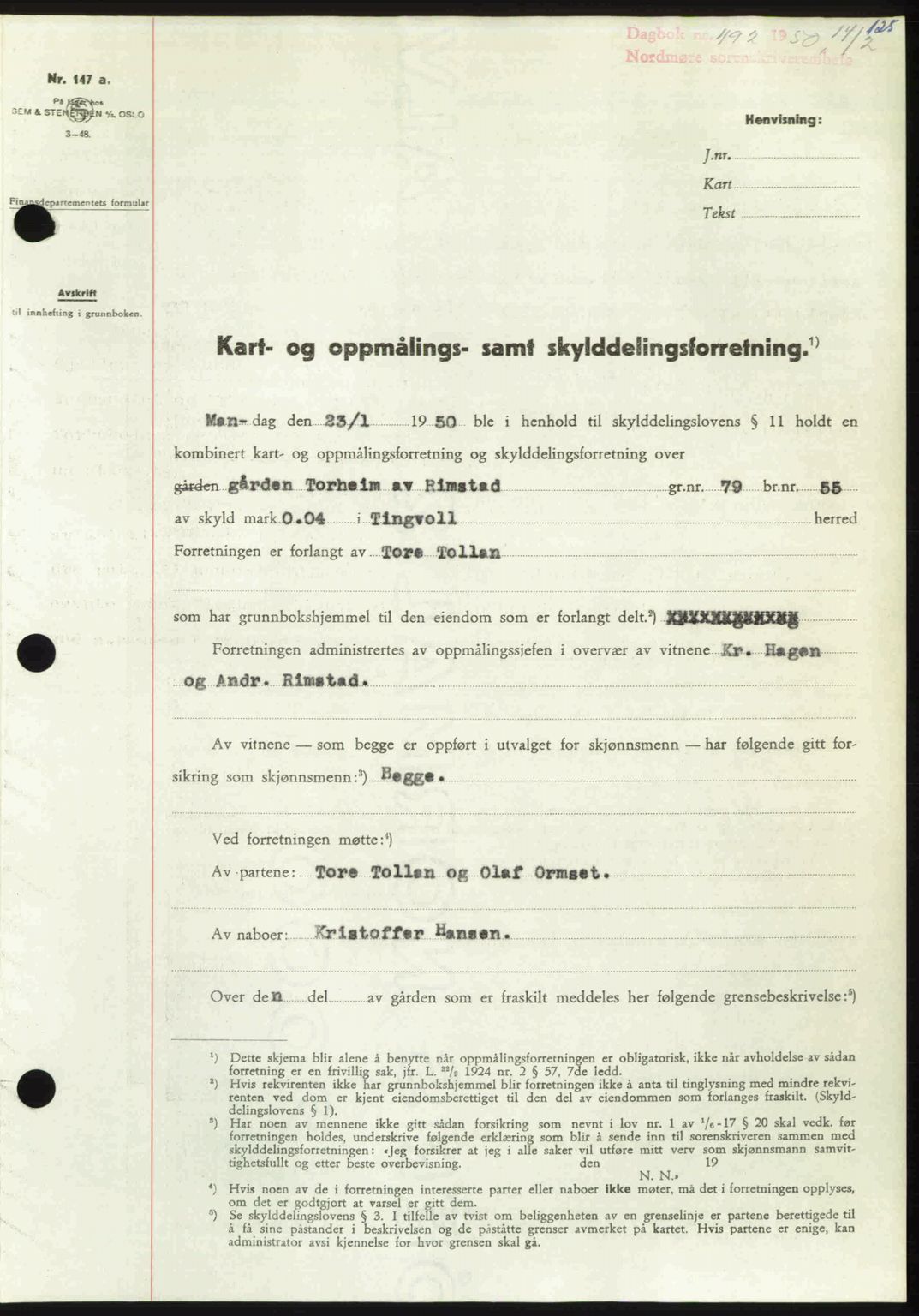 Nordmøre sorenskriveri, AV/SAT-A-4132/1/2/2Ca: Mortgage book no. A114, 1950-1950, Diary no: : 492/1950