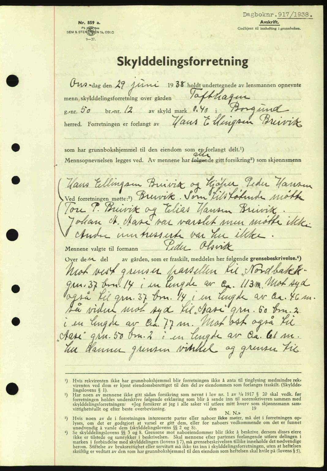 Nordre Sunnmøre sorenskriveri, AV/SAT-A-0006/1/2/2C/2Ca: Mortgage book no. A4, 1937-1938, Diary no: : 917/1938