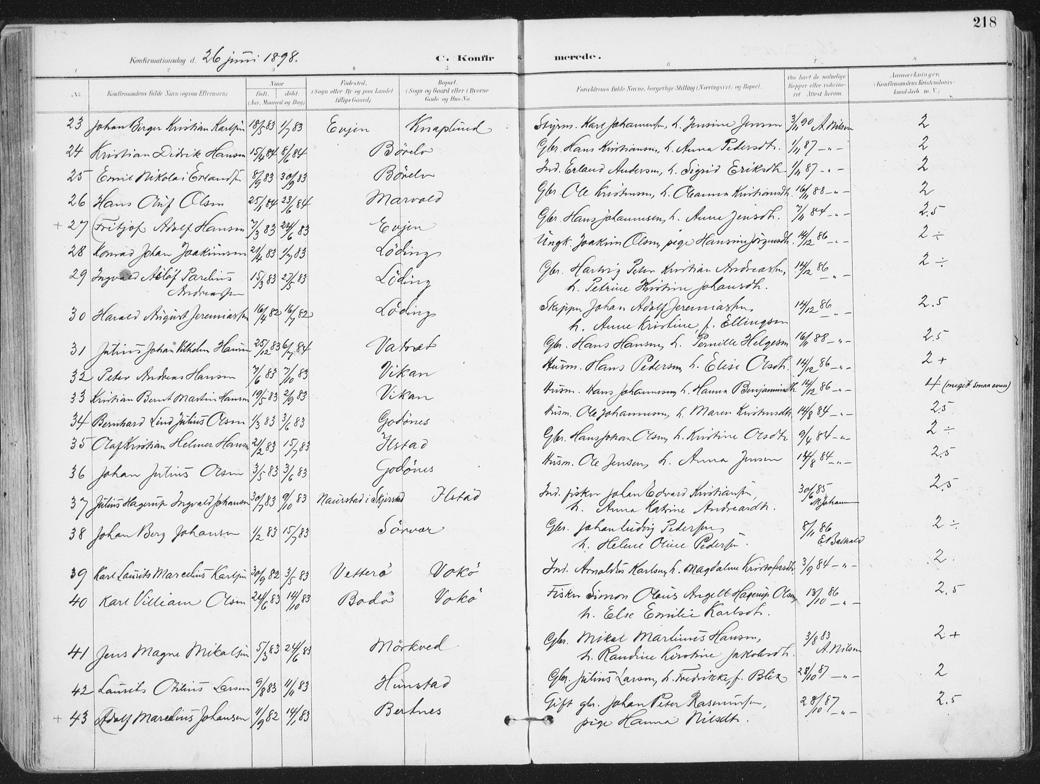 Ministerialprotokoller, klokkerbøker og fødselsregistre - Nordland, SAT/A-1459/802/L0055: Parish register (official) no. 802A02, 1894-1915, p. 218