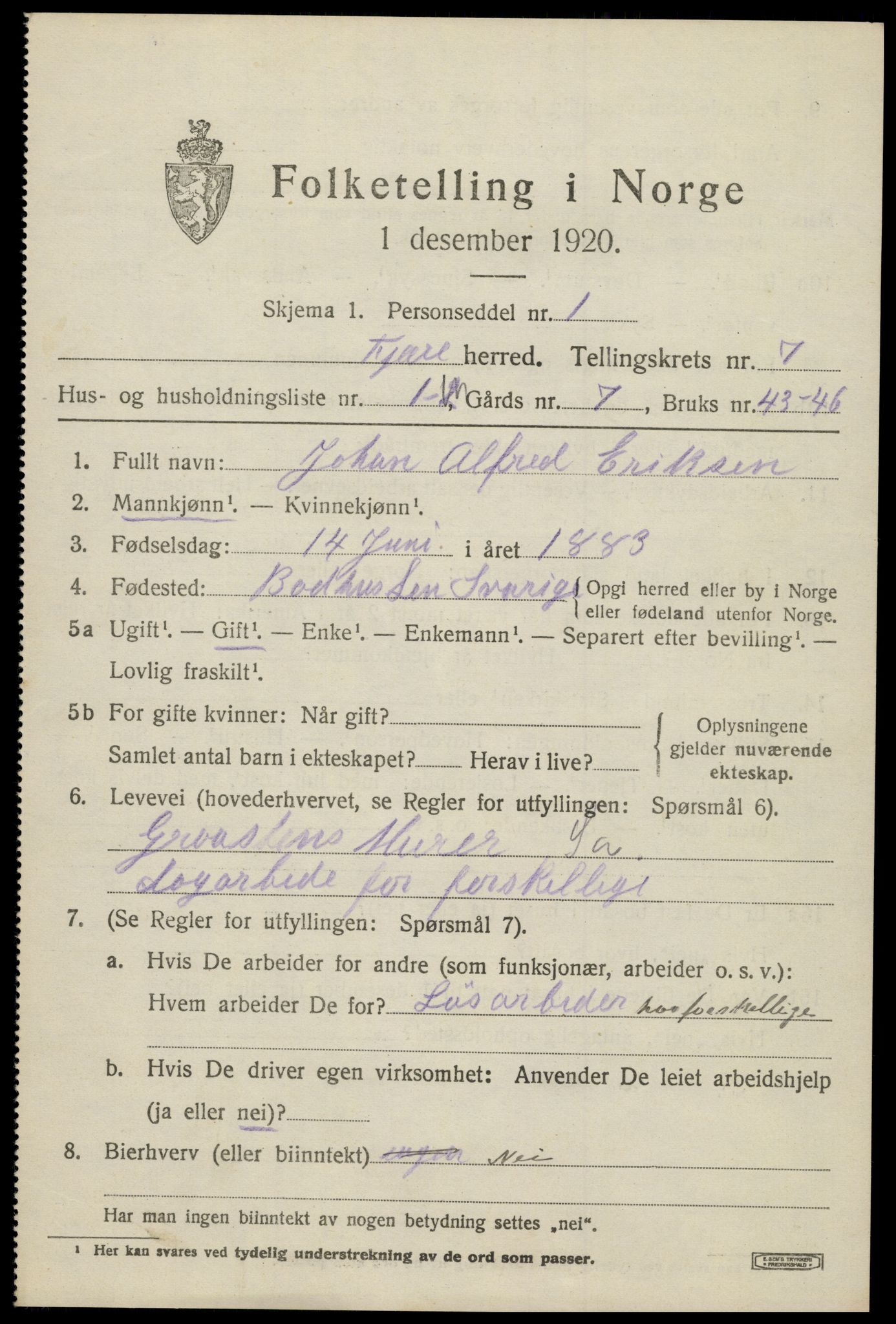 SAK, 1920 census for Fjære, 1920, p. 8541