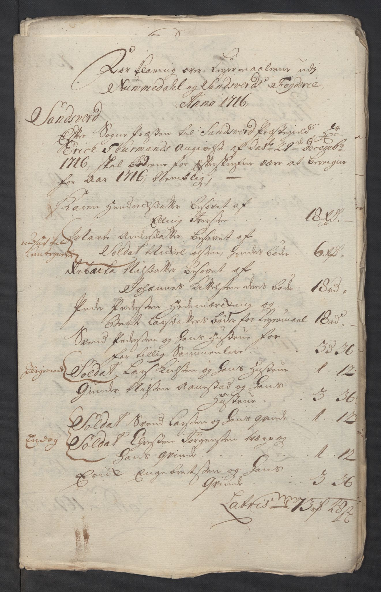 Rentekammeret inntil 1814, Reviderte regnskaper, Fogderegnskap, RA/EA-4092/R24/L1592: Fogderegnskap Numedal og Sandsvær, 1716, p. 267