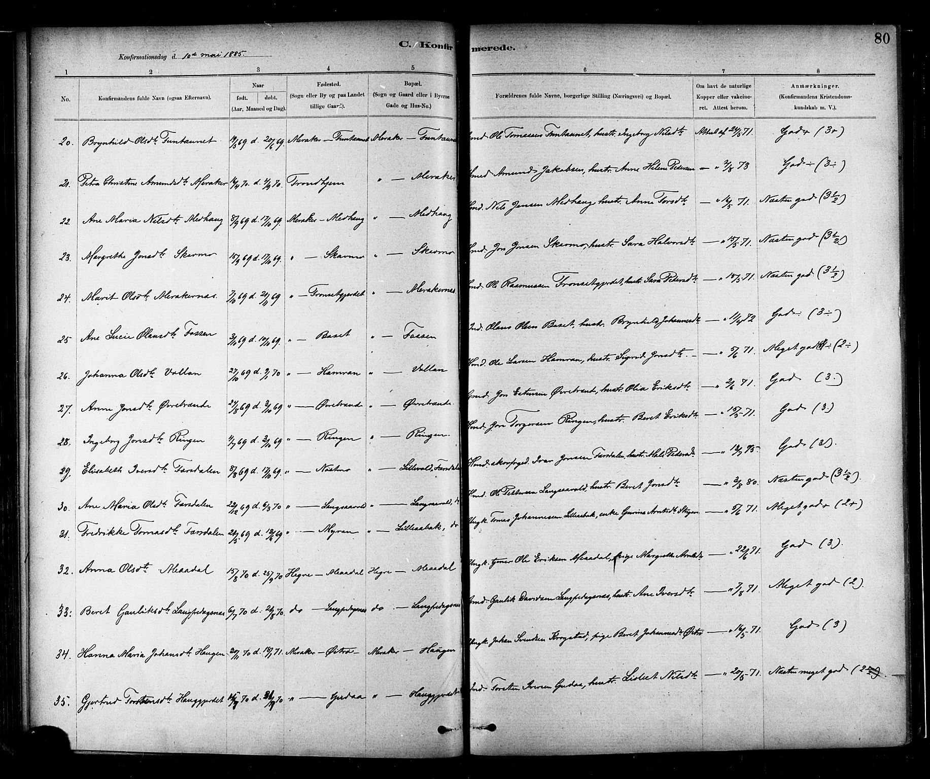 Ministerialprotokoller, klokkerbøker og fødselsregistre - Nord-Trøndelag, AV/SAT-A-1458/706/L0047: Parish register (official) no. 706A03, 1878-1892, p. 80