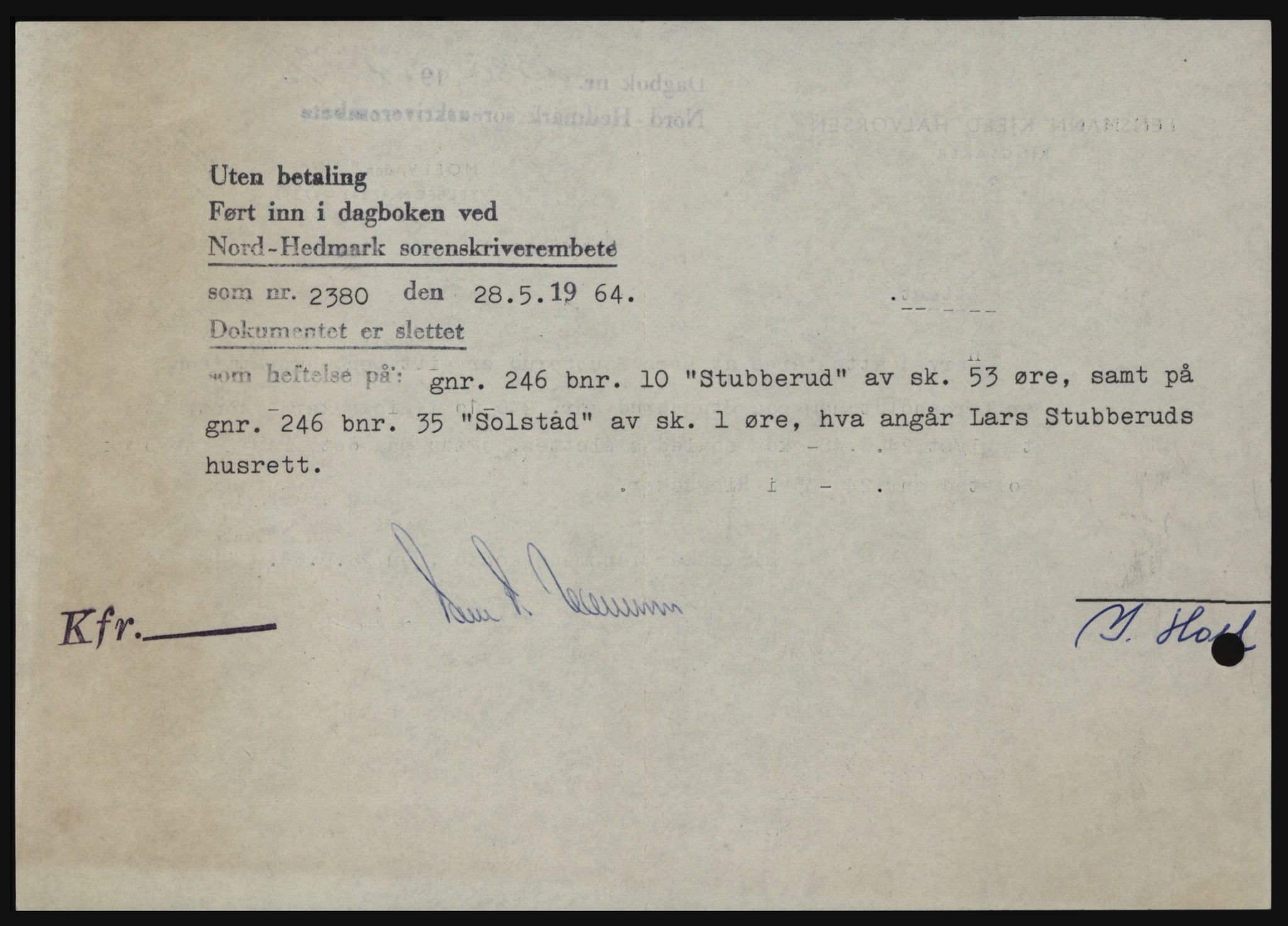 Nord-Hedmark sorenskriveri, SAH/TING-012/H/Hc/L0019: Mortgage book no. 19, 1963-1964, Diary no: : 2380/1964