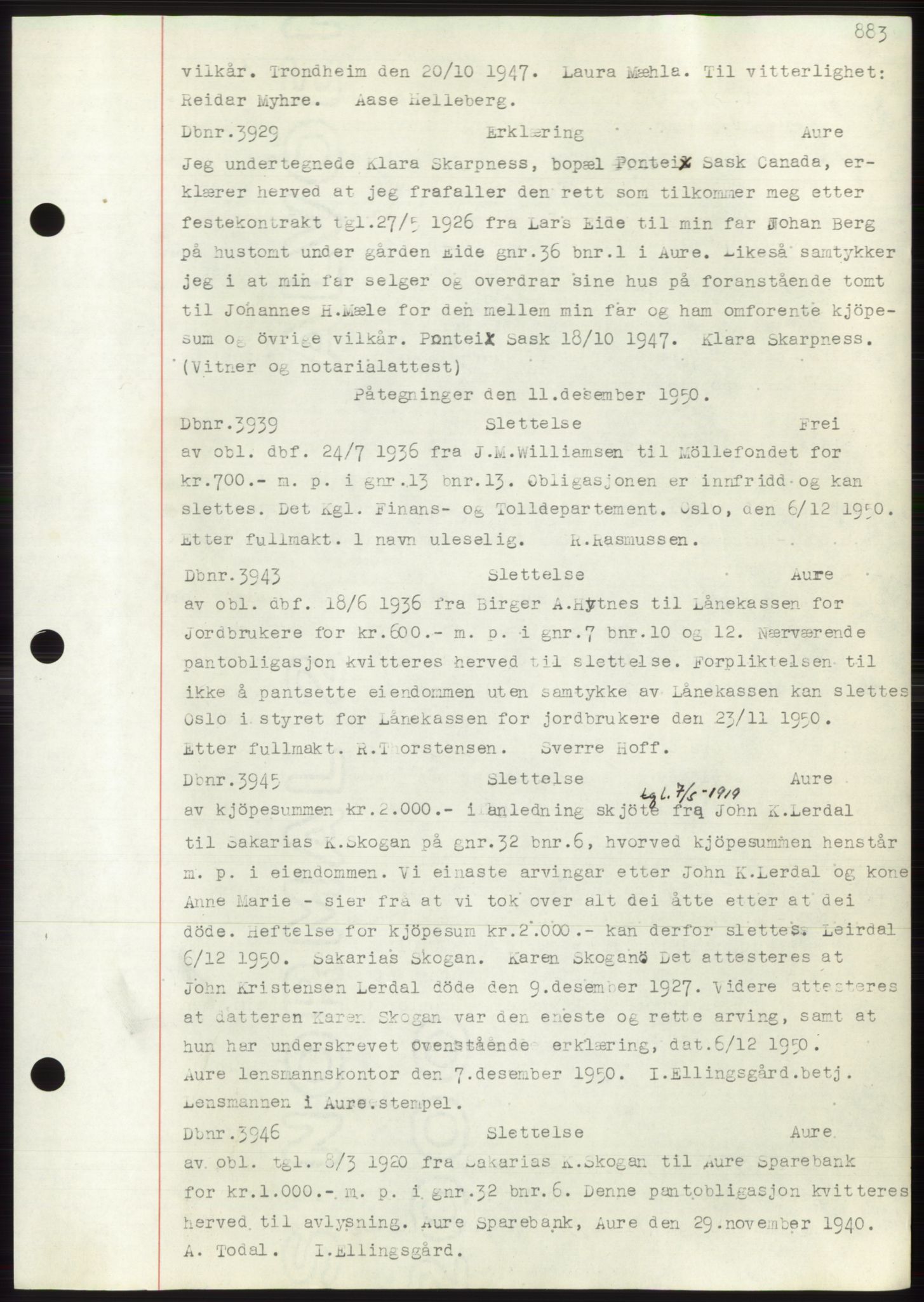 Nordmøre sorenskriveri, SAT/A-4132/1/2/2Ca: Mortgage book no. C82b, 1946-1951, Diary no: : 3929/1950