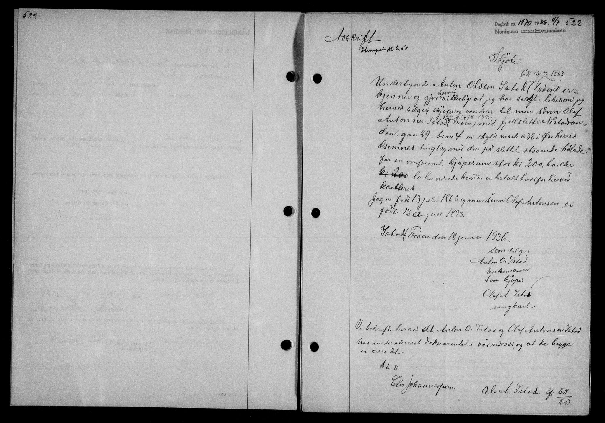 Nordmøre sorenskriveri, AV/SAT-A-4132/1/2/2Ca/L0088: Mortgage book no. 78, 1936-1936, Diary no: : 1470/1936