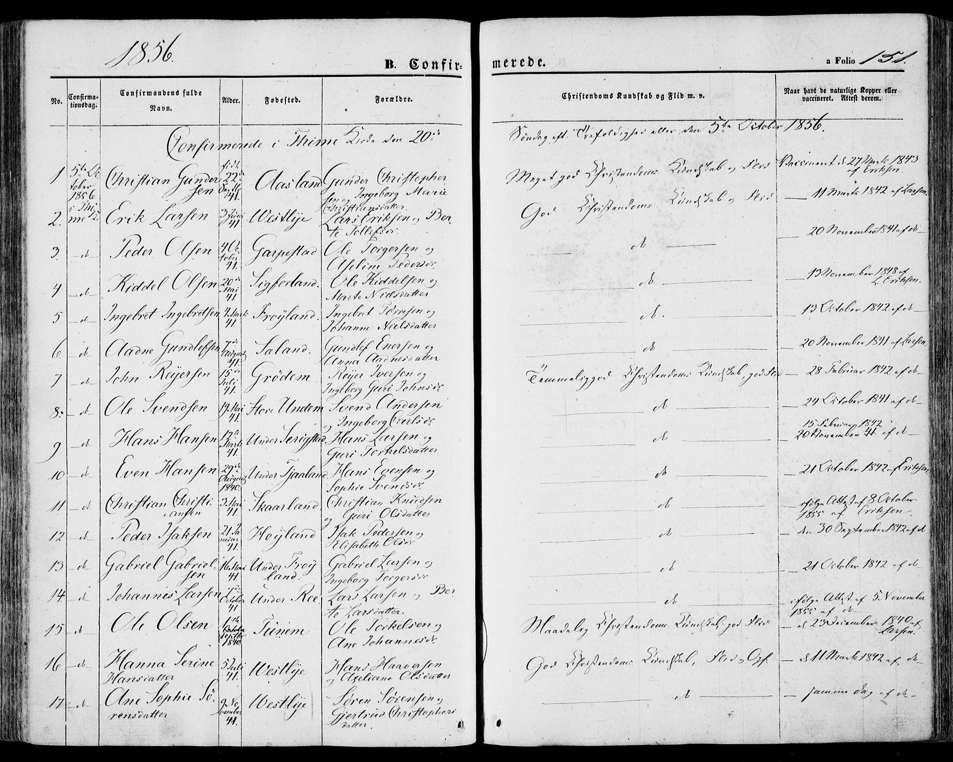 Lye sokneprestkontor, SAST/A-101794/001/30BA/L0007: Parish register (official) no. A 6, 1856-1871, p. 151
