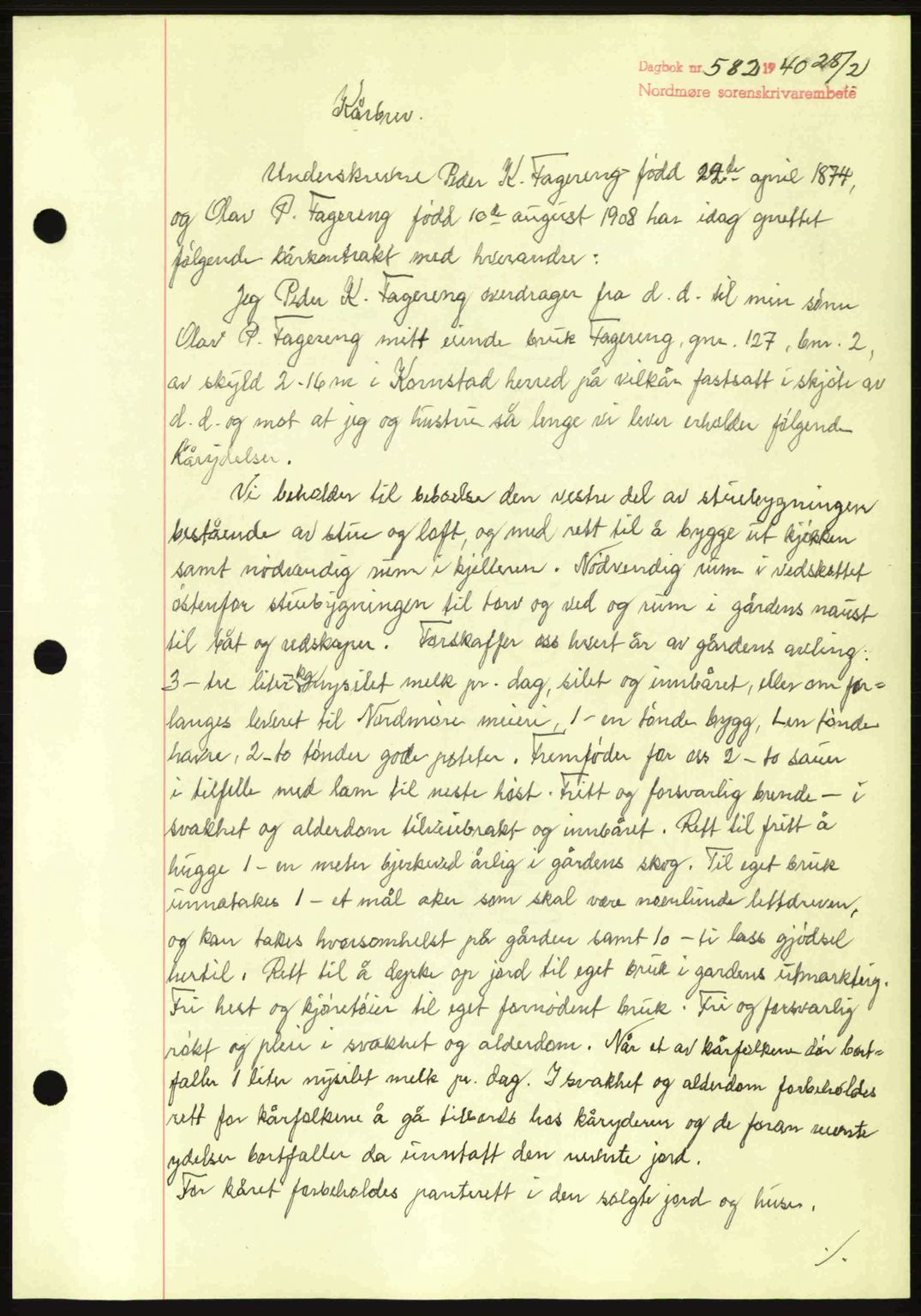 Nordmøre sorenskriveri, AV/SAT-A-4132/1/2/2Ca: Mortgage book no. B86, 1939-1940, Diary no: : 582/1940