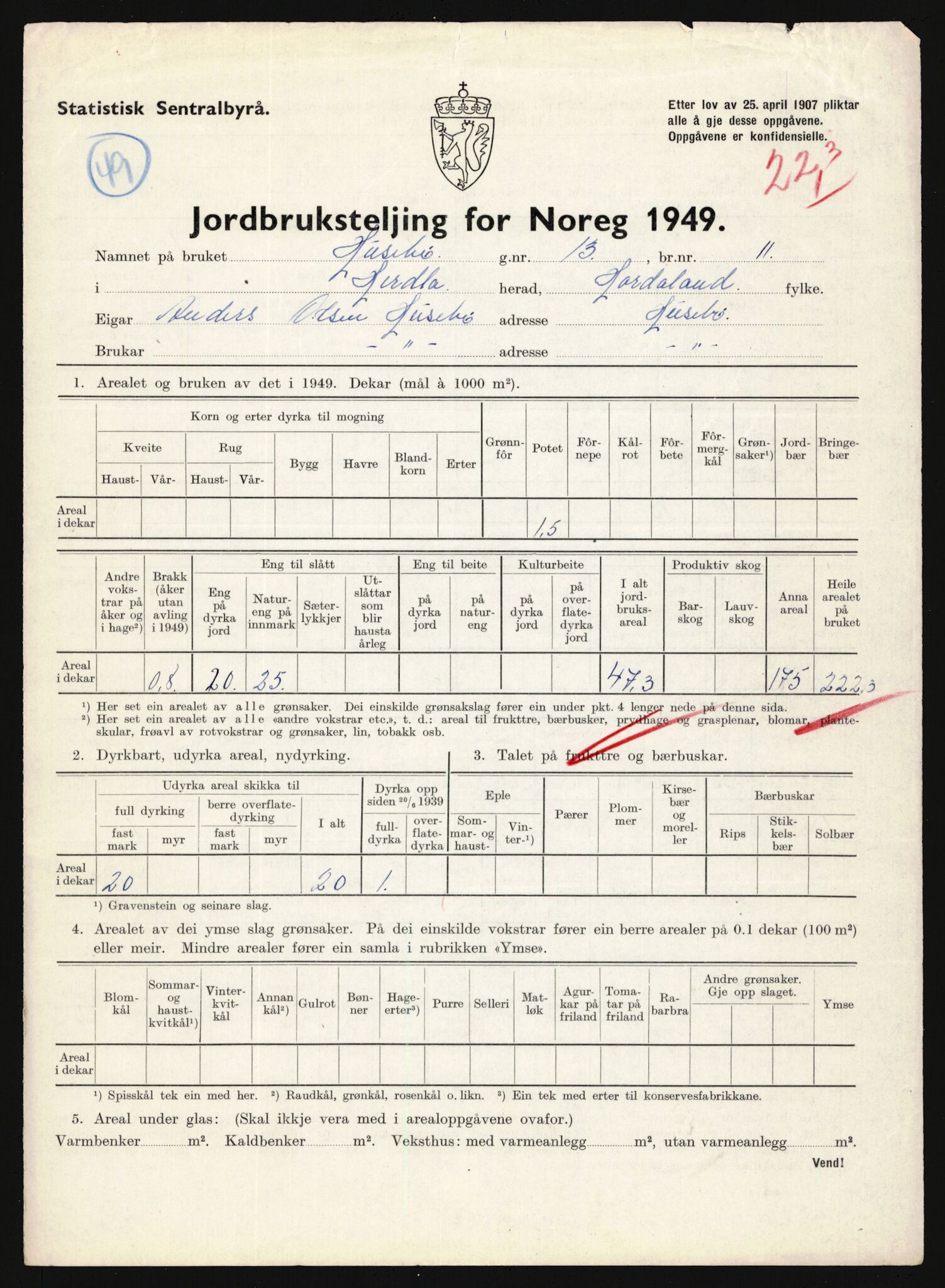 Statistisk sentralbyrå, Næringsøkonomiske emner, Jordbruk, skogbruk, jakt, fiske og fangst, AV/RA-S-2234/G/Gc/L0276: Hordaland: Herdla og Hjelme, 1949, p. 1016