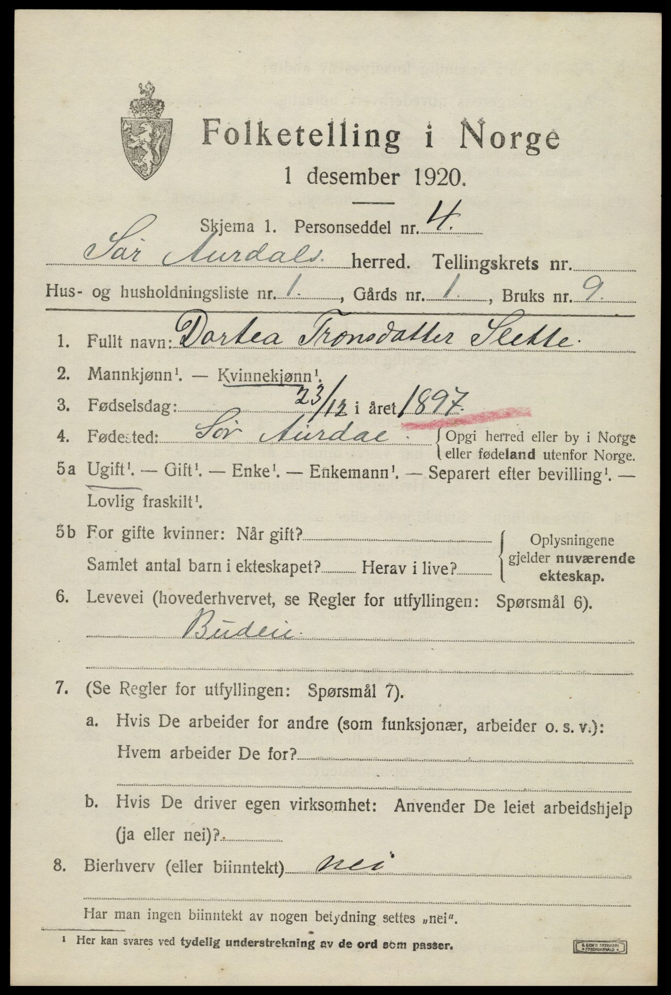 SAH, 1920 census for Sør-Aurdal, 1920, p. 1527