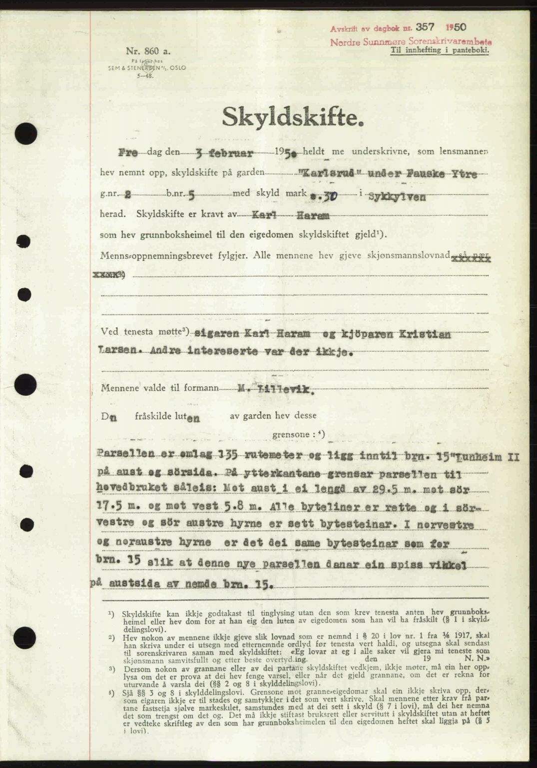 Nordre Sunnmøre sorenskriveri, AV/SAT-A-0006/1/2/2C/2Ca: Mortgage book no. A33, 1949-1950, Diary no: : 357/1950