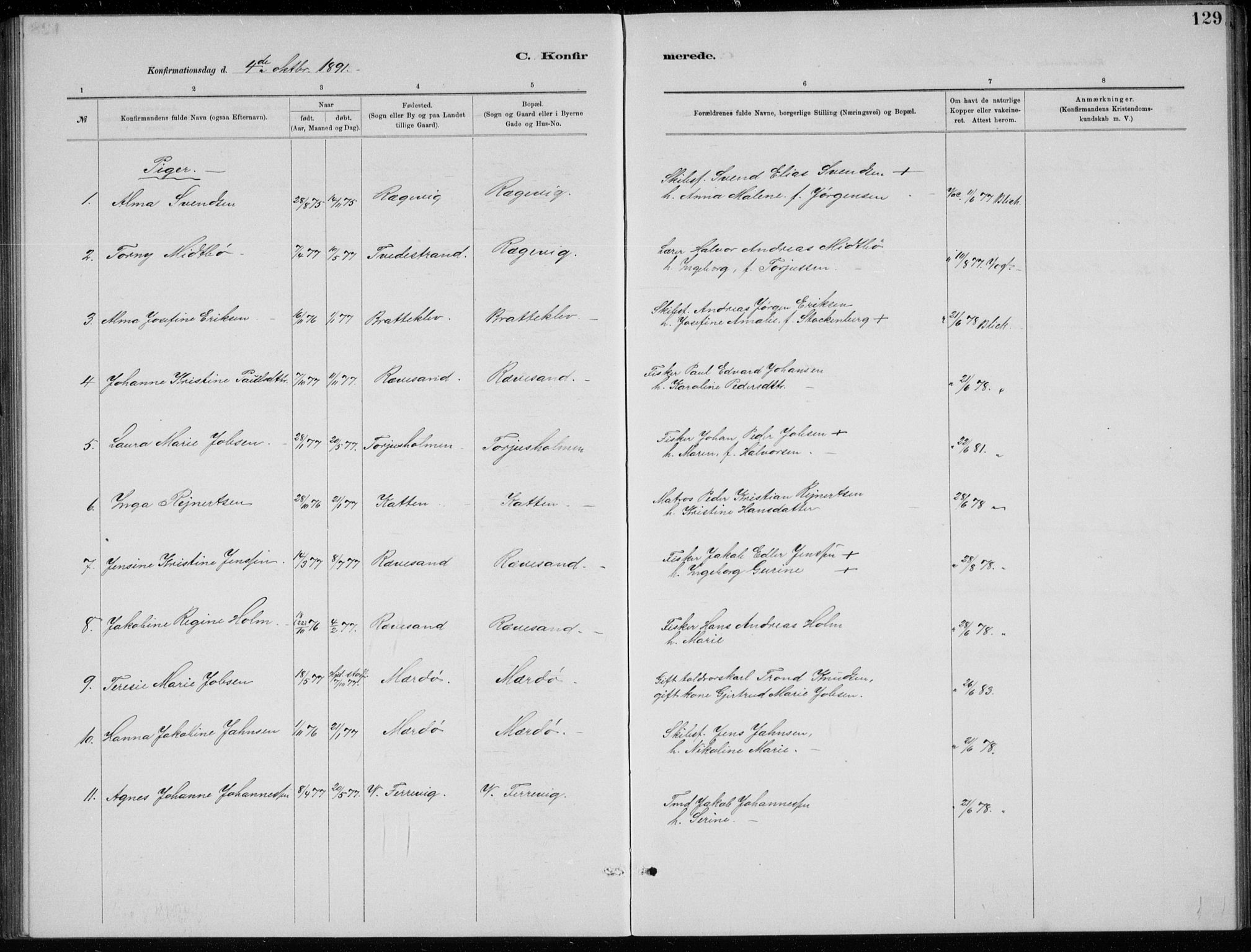 Tromøy sokneprestkontor, SAK/1111-0041/F/Fb/L0005: Parish register (copy) no. B 5, 1877-1891, p. 129