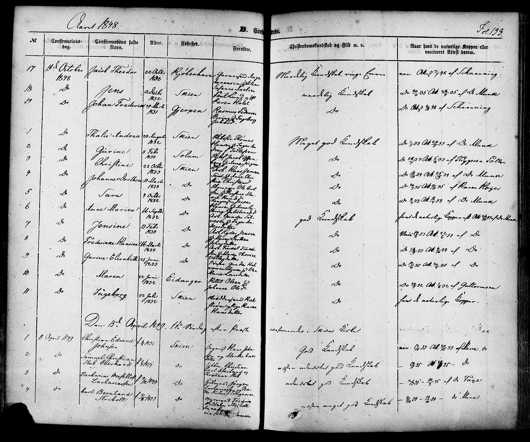 Skien kirkebøker, AV/SAKO-A-302/F/Fa/L0006a: Parish register (official) no. 6A, 1843-1856, p. 193