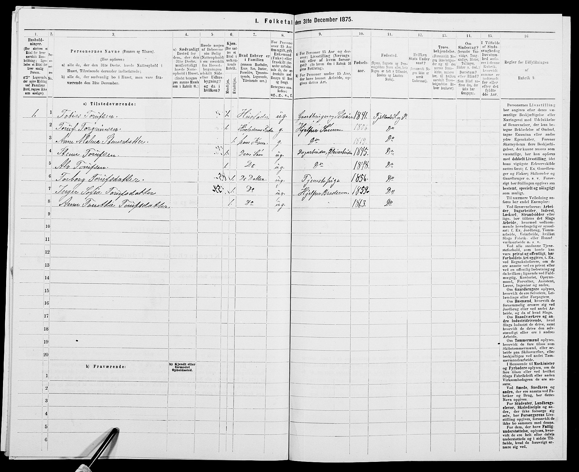 SAK, 1875 census for 1036P Fjotland, 1875, p. 210