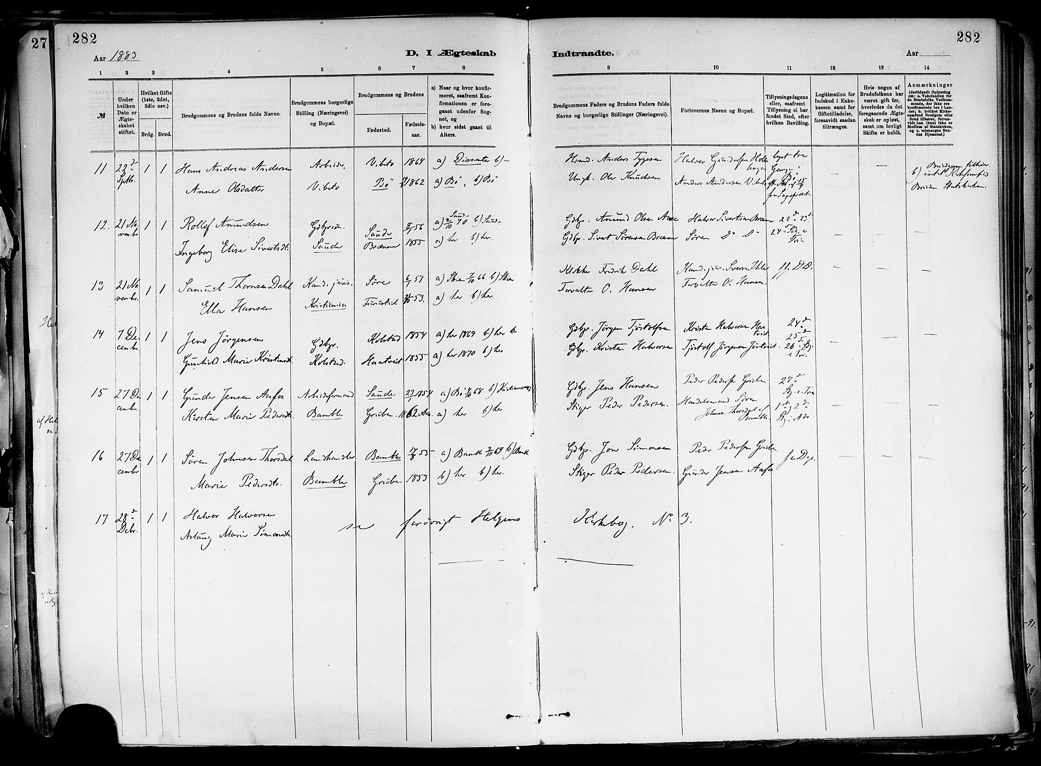 Holla kirkebøker, SAKO/A-272/F/Fa/L0008: Parish register (official) no. 8, 1882-1897, p. 282