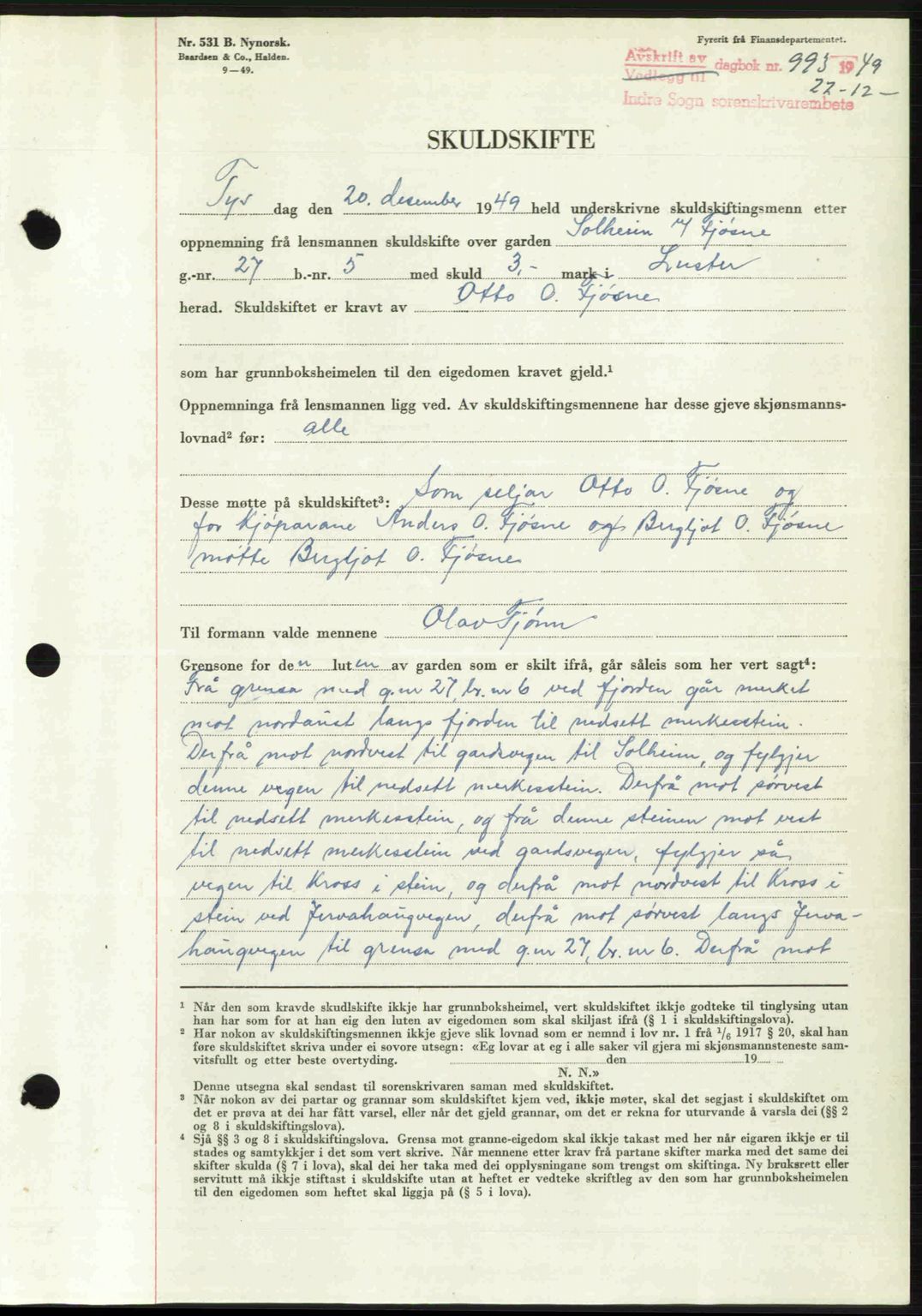 Indre Sogn tingrett, SAB/A-3301/1/G/Gb/Gbb/L0010: Mortgage book no. A10, 1949-1949, Diary no: : 993/1949